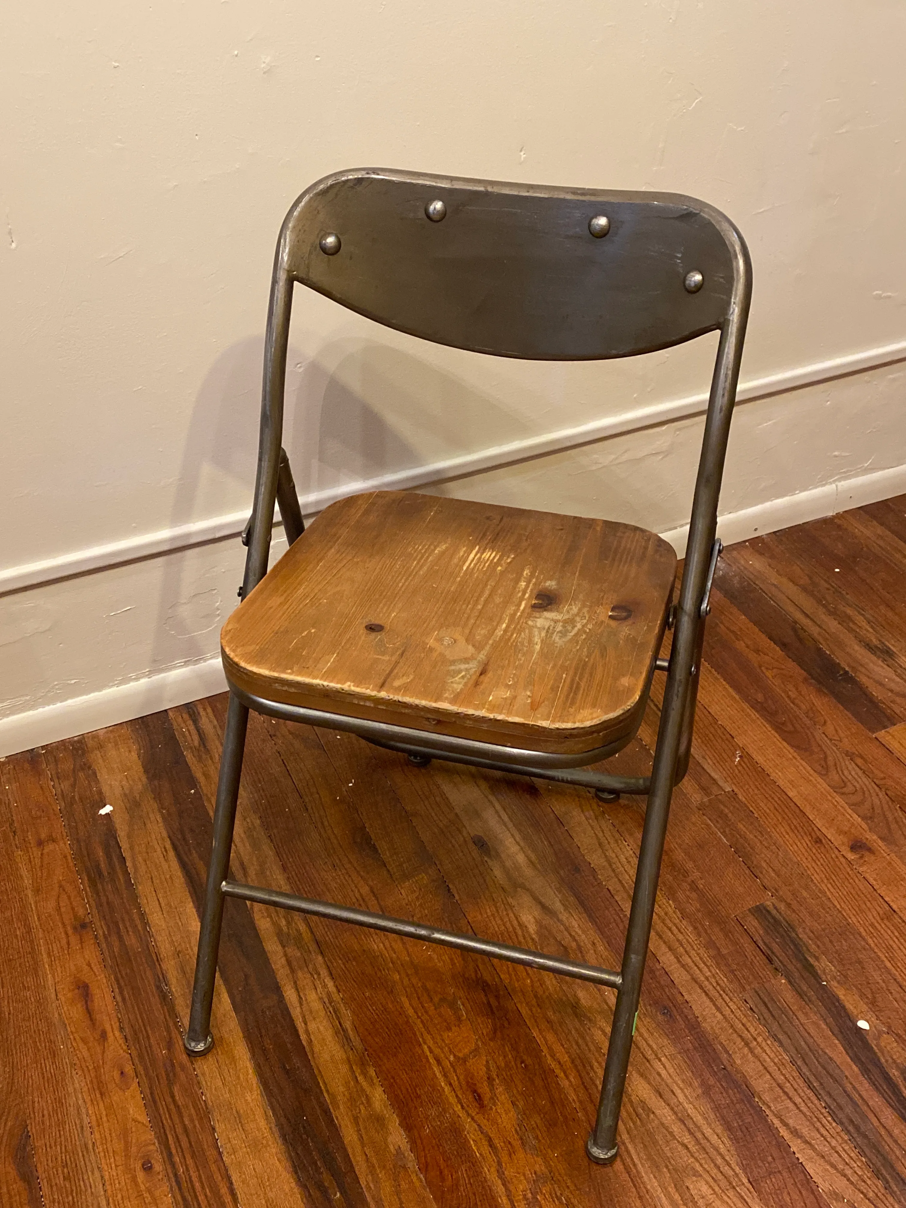 Vintage Metal Folding Chair with Wood Seat