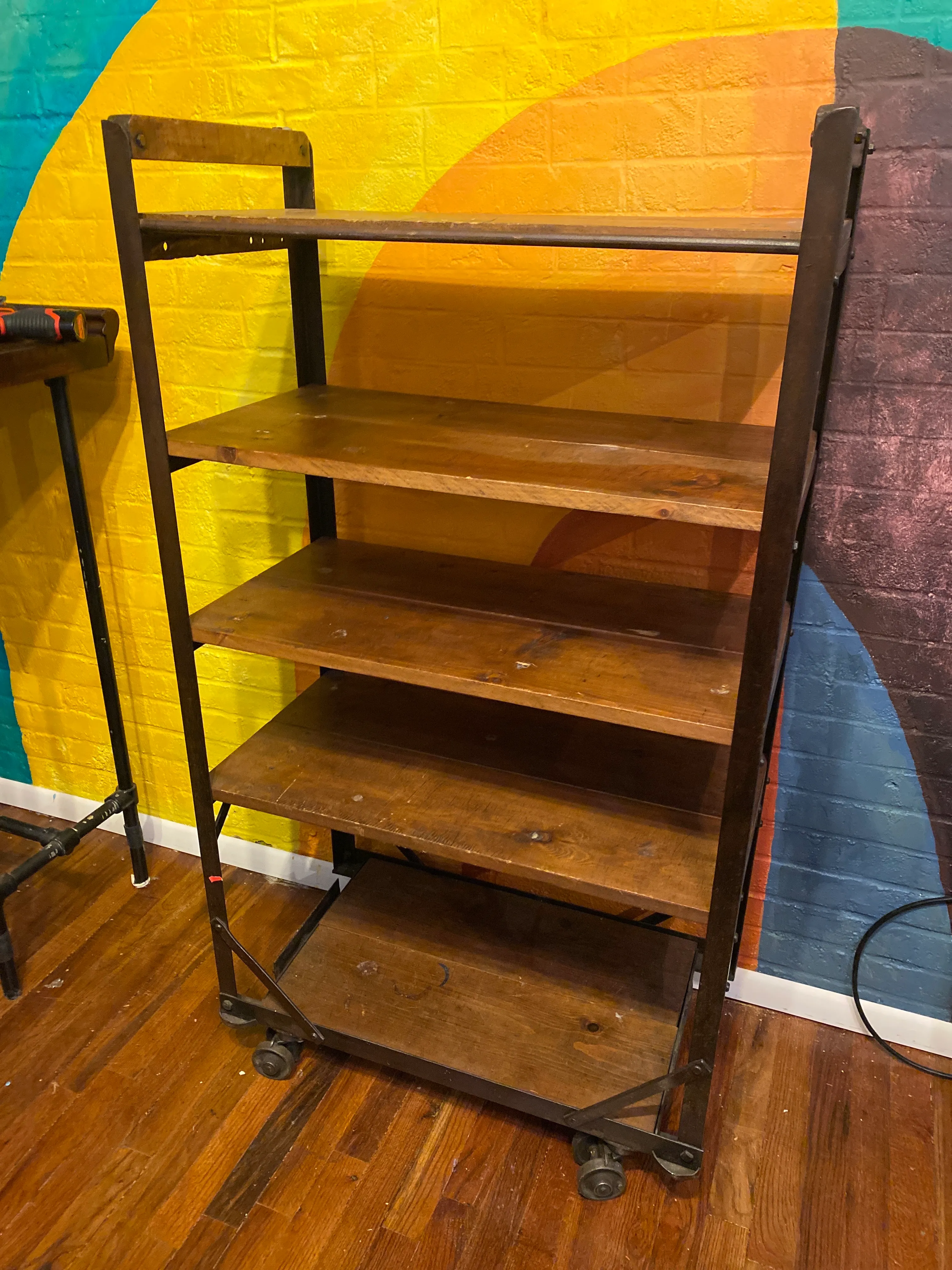 Wood/Iron Rolling Shelf with Multiple Shelves