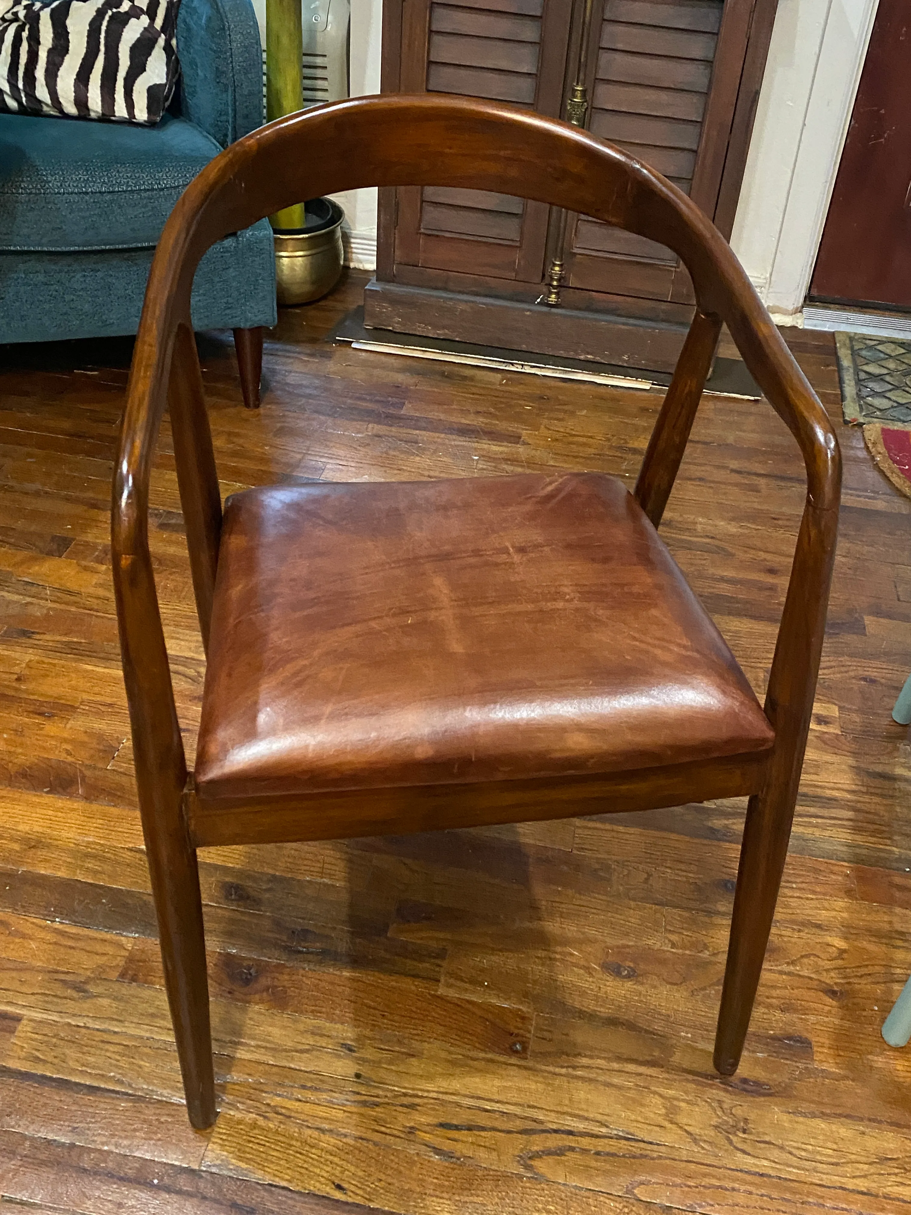Midcentury Round Back Side Chair with Leather Seat
