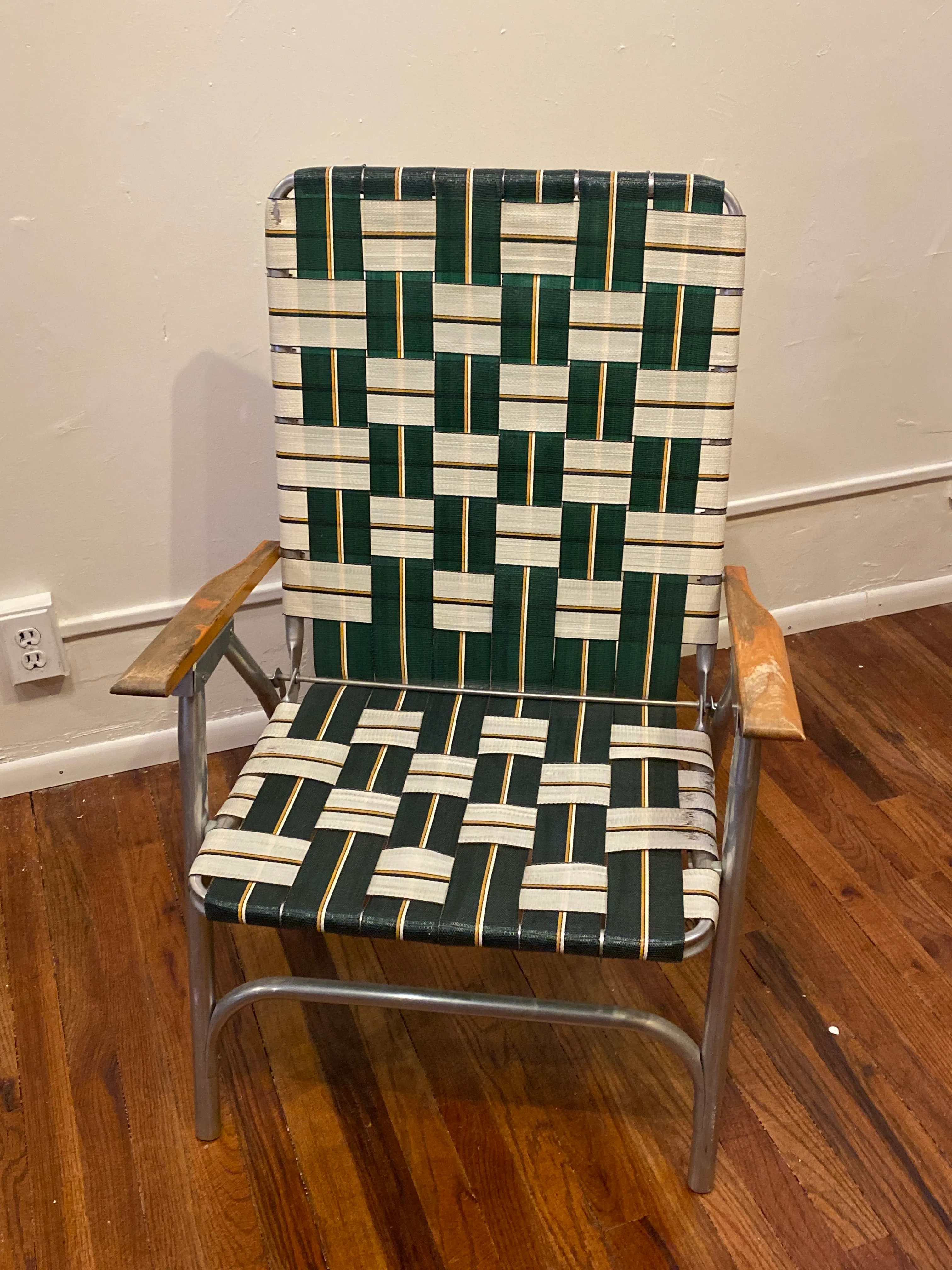 Vintage Green and White Webbed Folding Chair