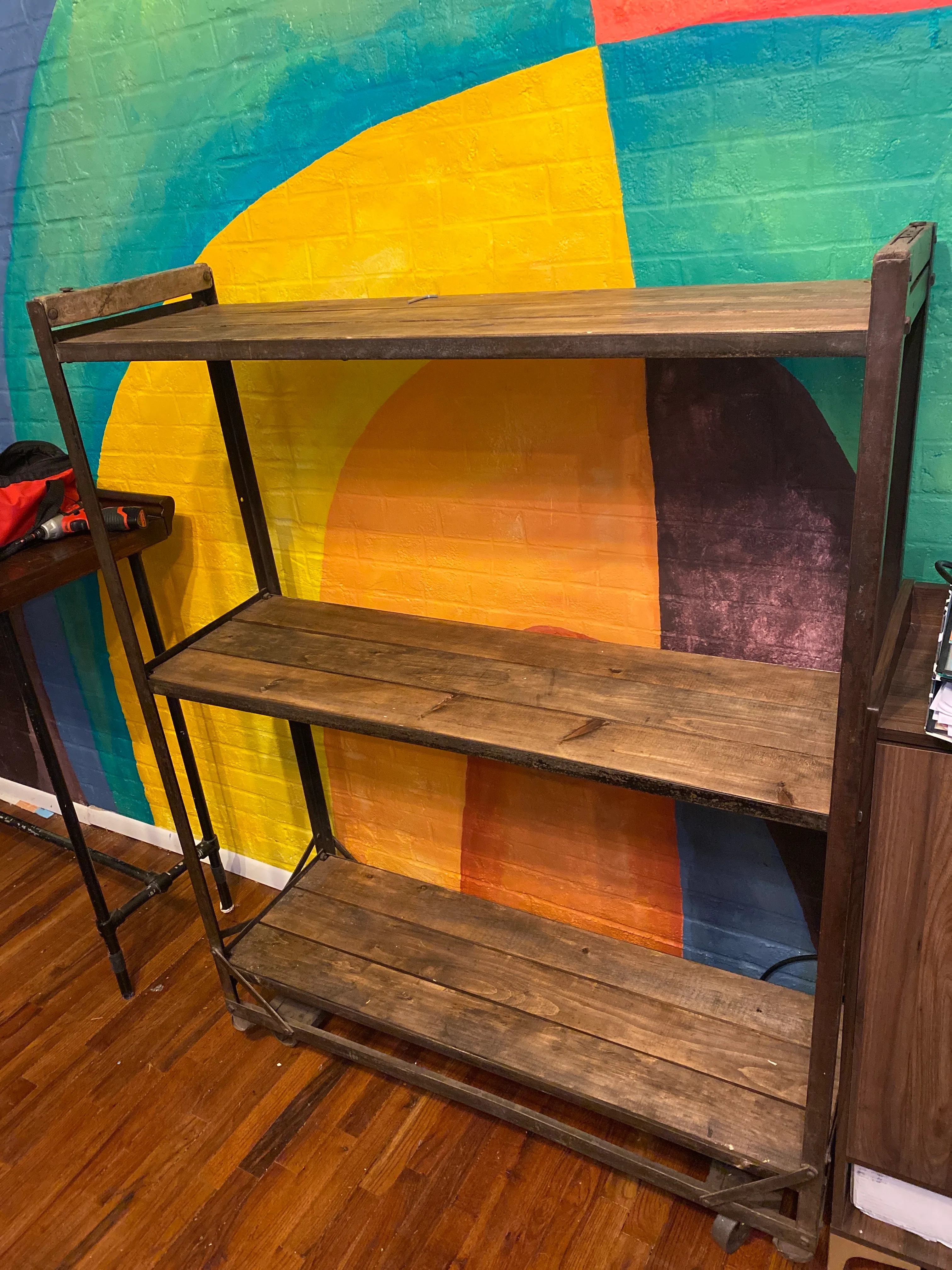 Antique Wooden and Iron Rolling 3 Shelf Cart