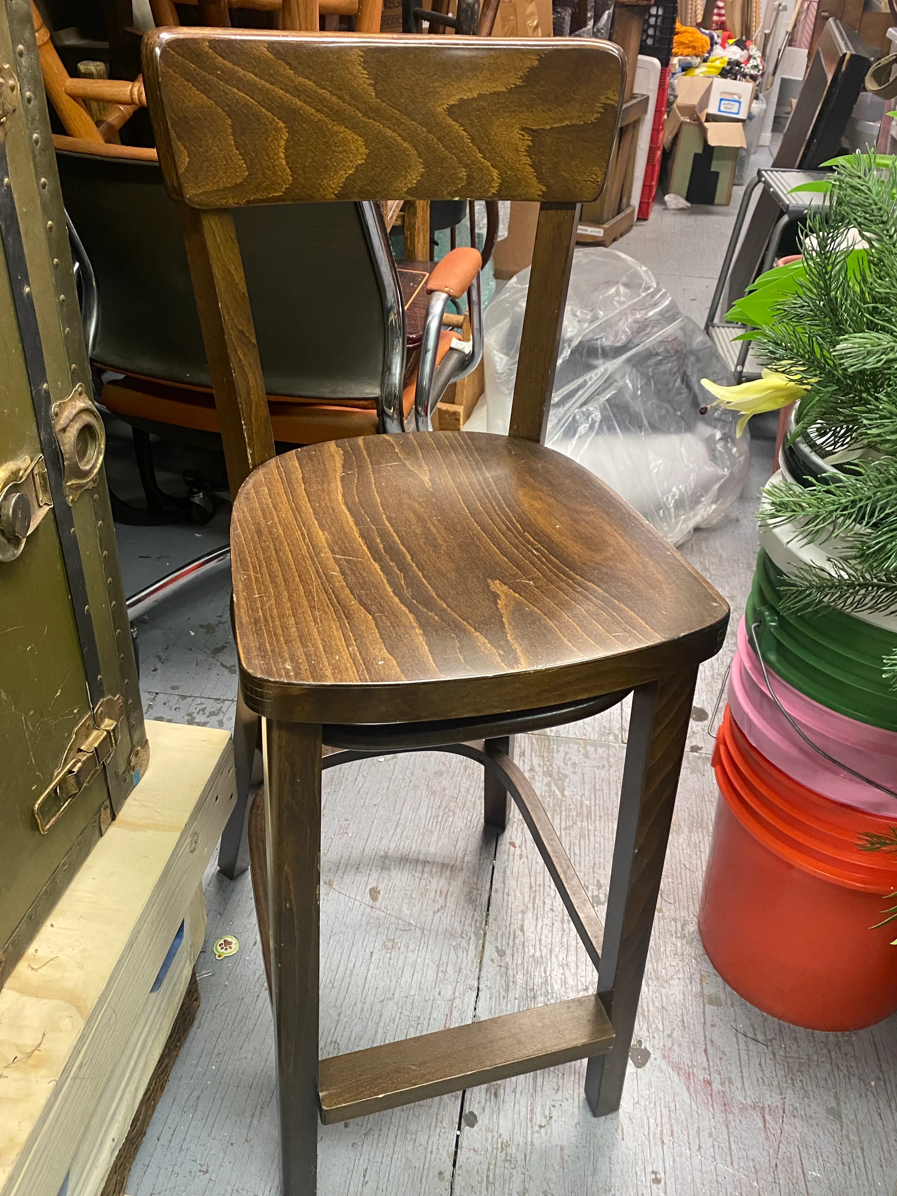 Midcentury Wood Counter Stool with Back