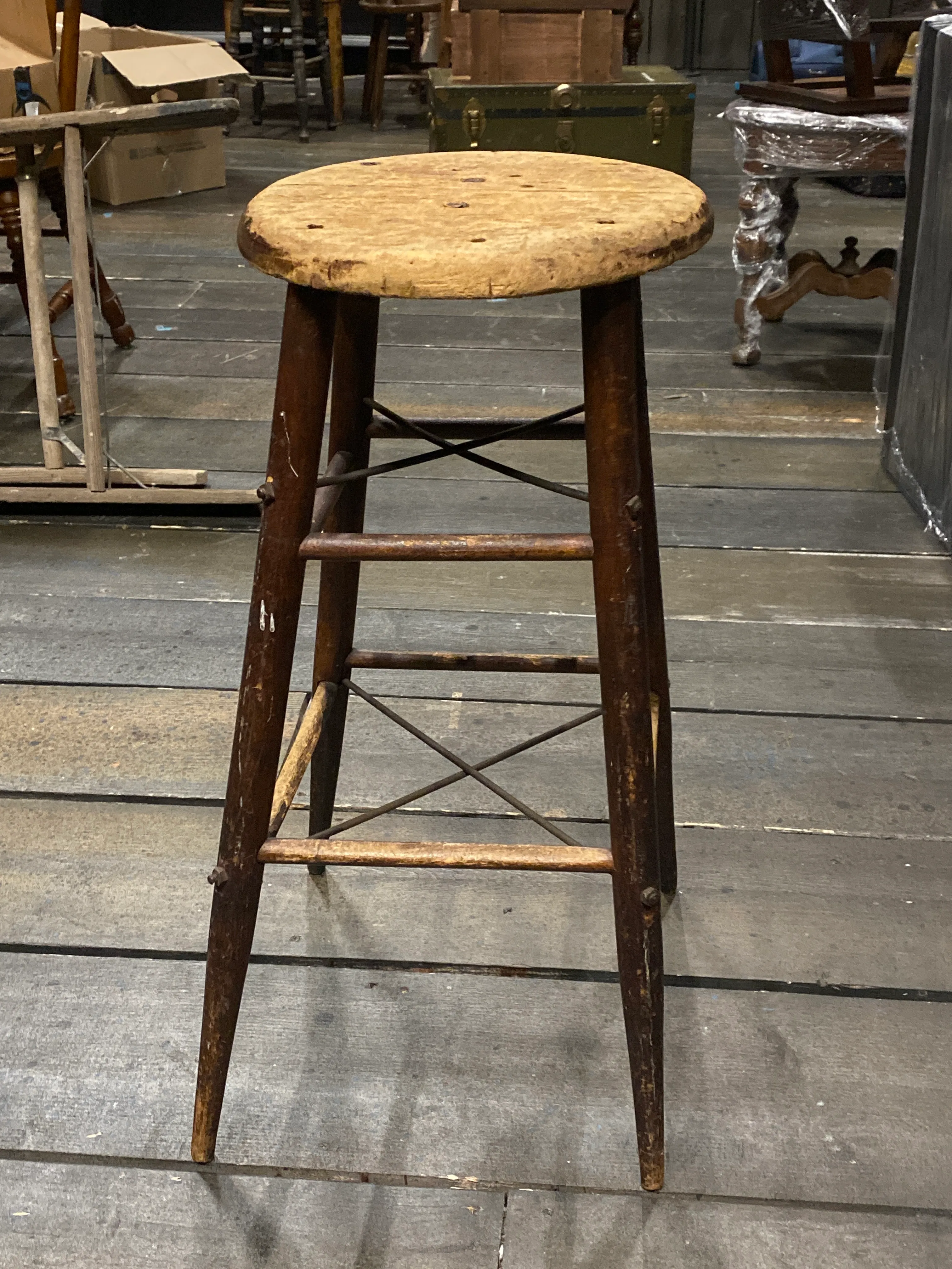 Industrial Wood Stool with Metal Bracing