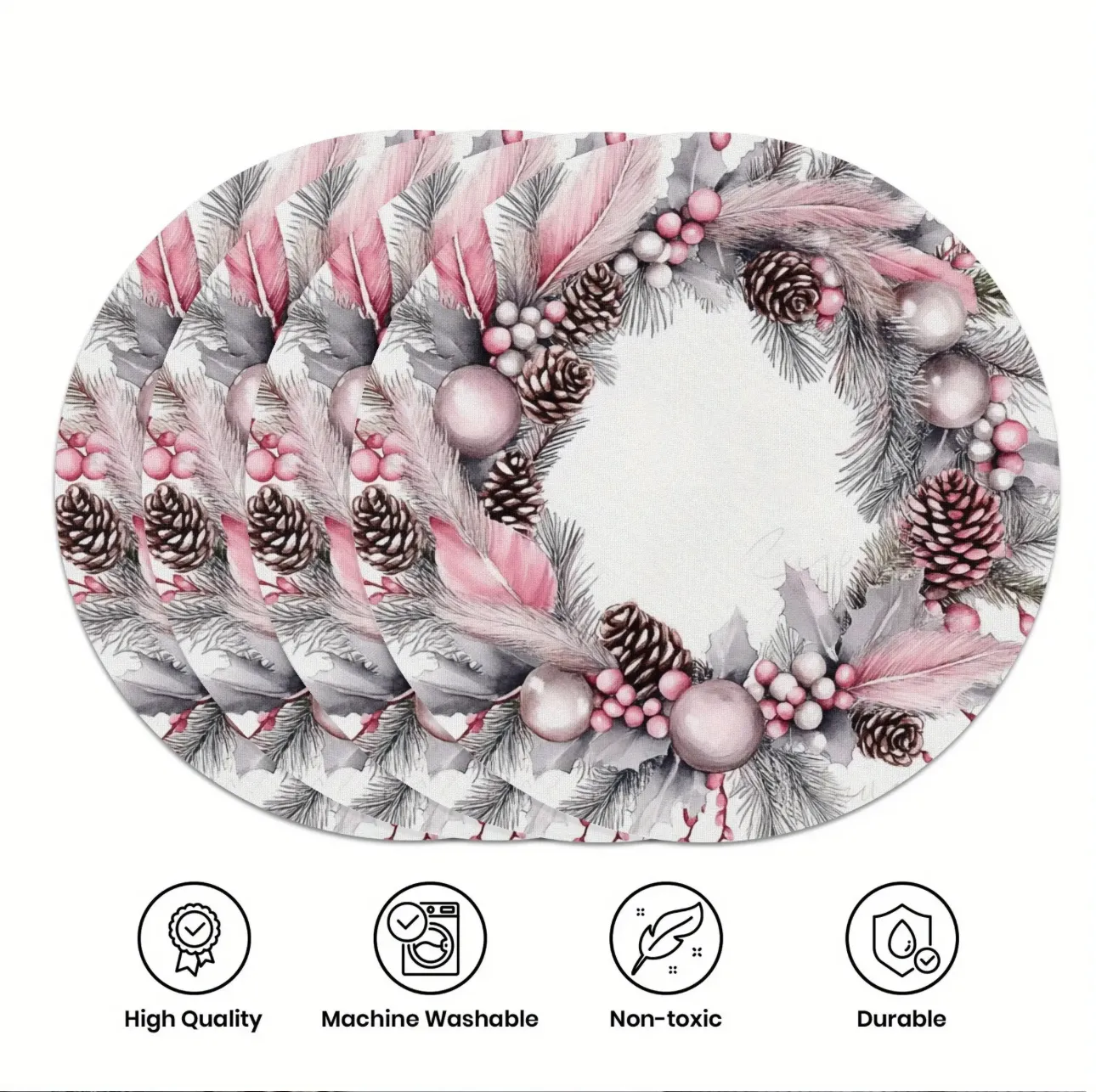 Holiday Christmas Wreath Placemats Set of 4 - Color: Beige, Size: 15in
