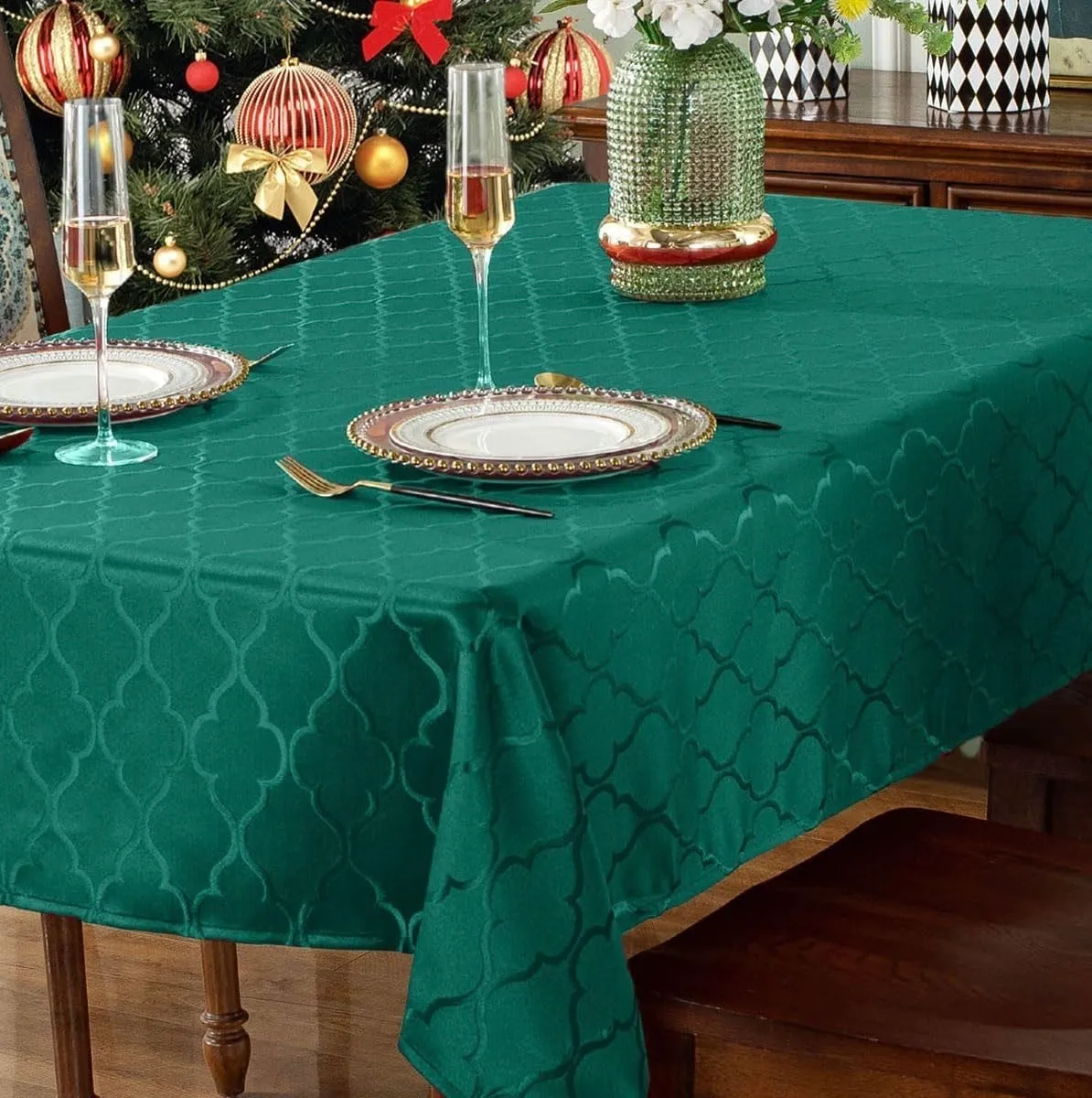 Holiday SASTYBALE Christmas Tablecloth Damask Fabric Table Cloth (Green)
