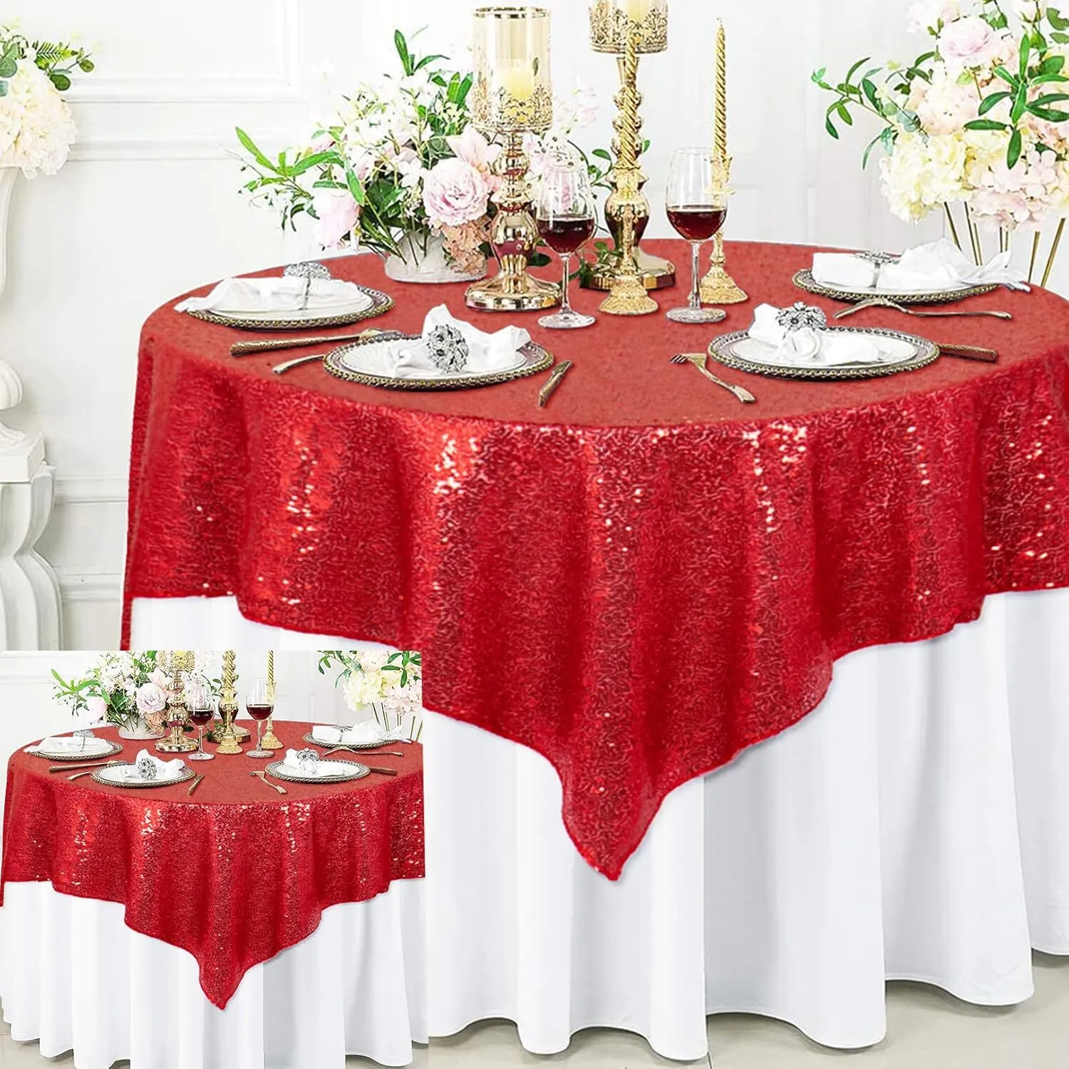 Red Sequin Sparkly Square Table Overlay 72"x72"