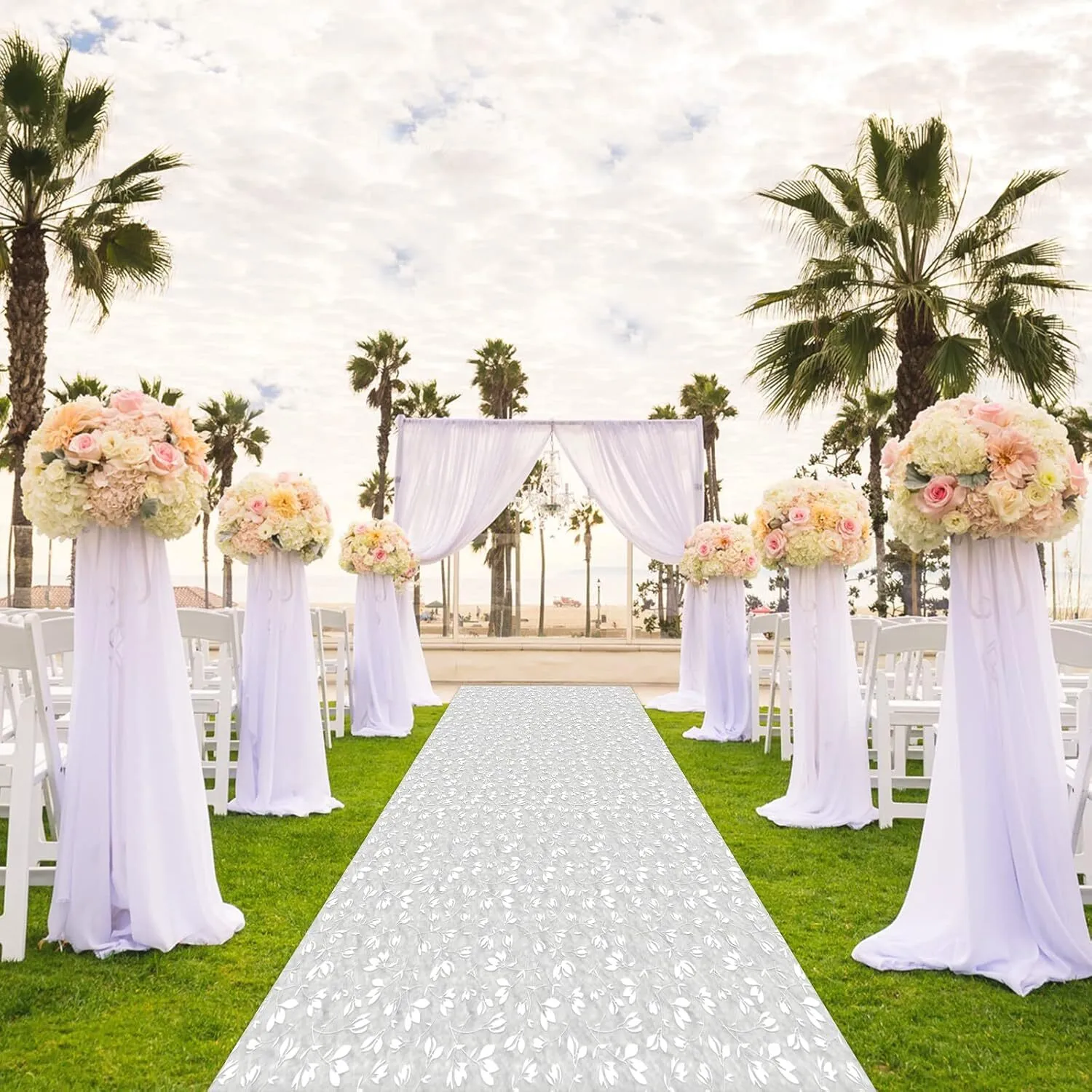 Aisle Runner for Wedding Ceremony 3X100 ft, White Olive Branch Scroll Pattern, Pull String Included, Perfect for Wedding, Parties, Christmas Decor, Indoor & Outdoor Use 40gsm Thickness