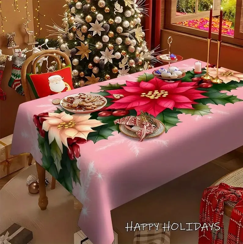 Holiday Merry Christmas Floral Tablecloth - Pink Jacquard Design 