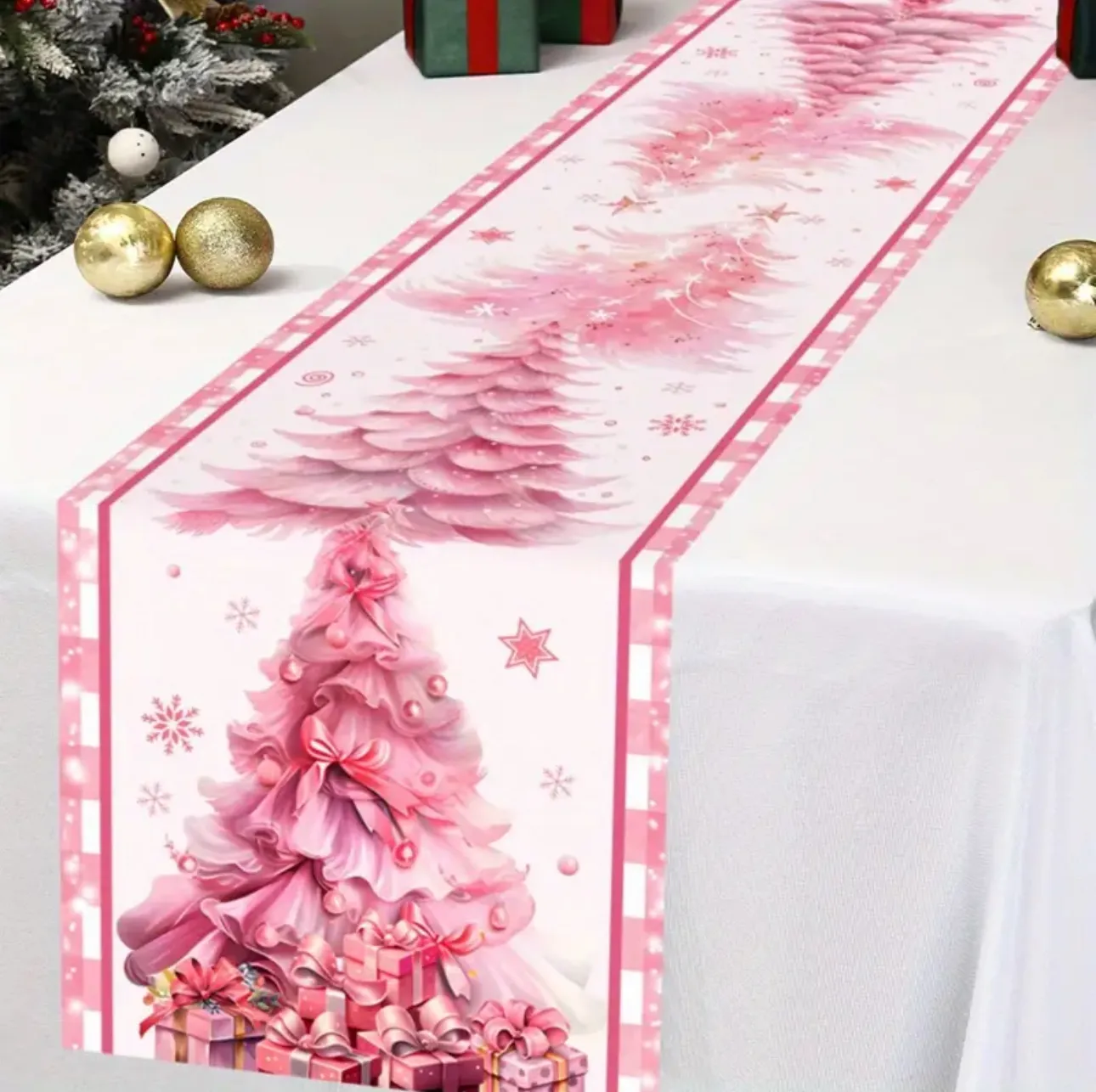 Holiday Charming Pink Christmas Tree Table Runner 