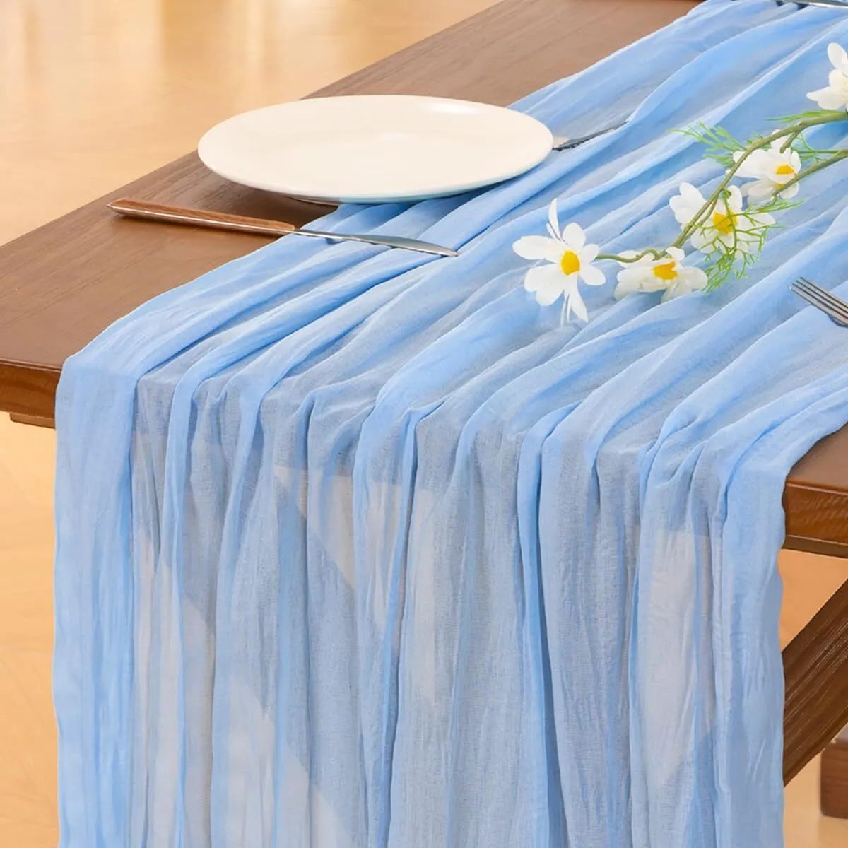 Blue Summer Cheesecloth Table Runner Light Blue Boho Rustic Gauze 120 inch 10FT Cheese Cloth Sheer Runner for Wedding Party Baby Shower Birthday Home Decor Holiday Decorations