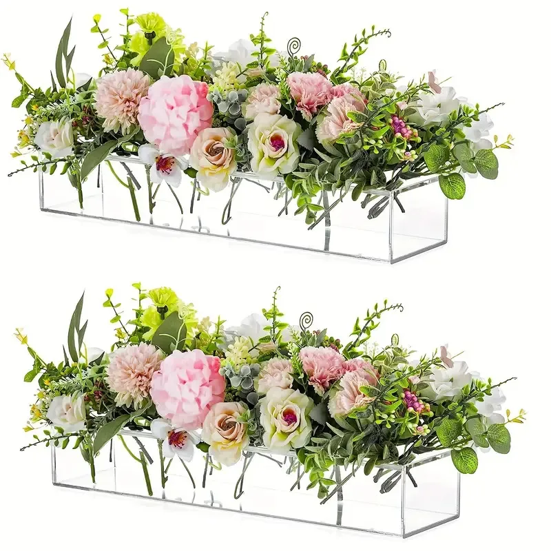 Rectangular Acrylic Vases For Centerpieces, 16 Inches Long Floral Vase With Holes For Flowers, Clear Rectangle Box Tray For Roses Modern Flower Arranger For Wedding Home Dining Table Decor, 2pcs,Halloween And Christmas Decorations