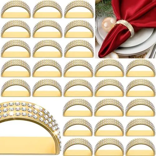 Tioncy Stainless Steel Napkin Rings Gold Diamond Napkin Holders Rings Semicircle Modernist Metal Napkin Rings Bulk Serviette Buckles for Table Decorations Wedding Dinner Party