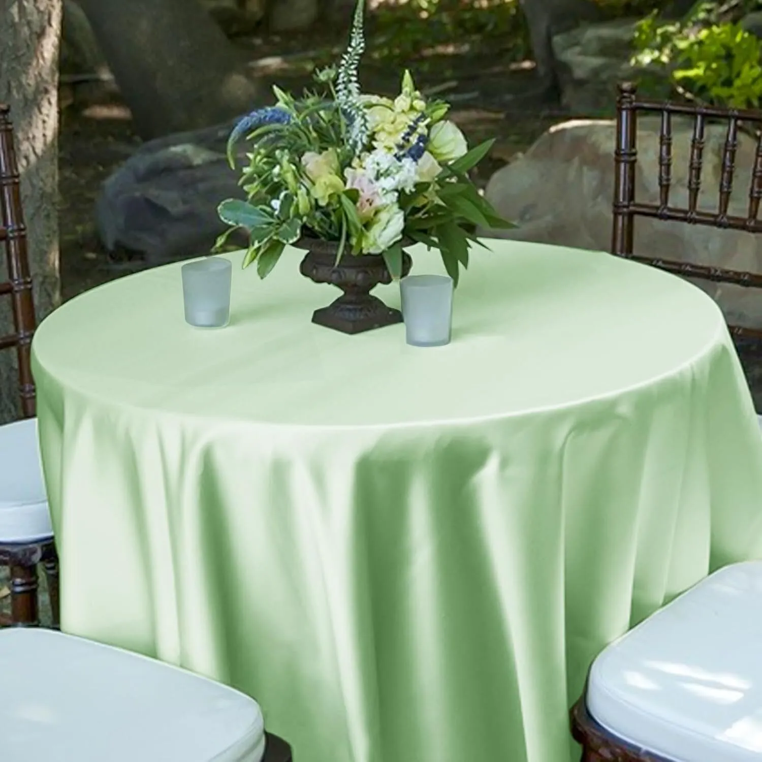 Fani Sage Green Satin Tablecloth, 12 Pack 108 Inch, Round Table Cloth Silk