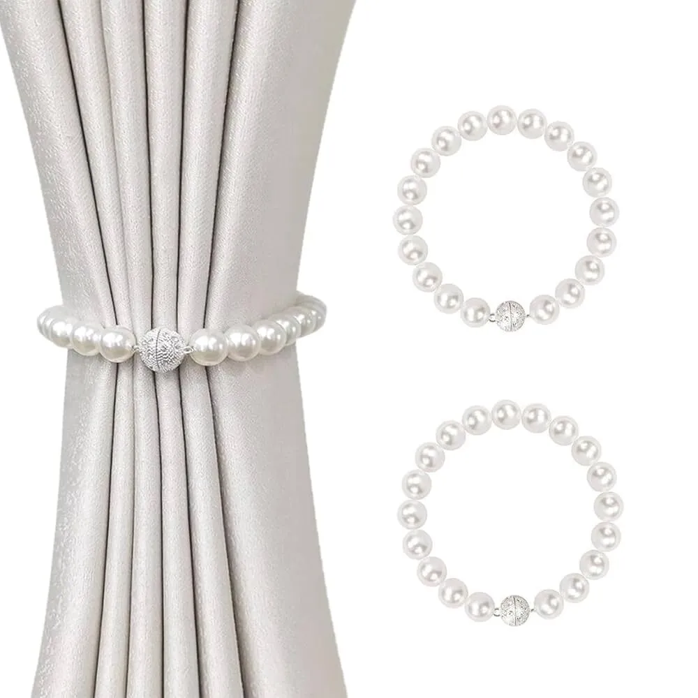 2 Pack Pearl Magnetic Curtain Tiebacks, White Bow Curtain Holders with Strong Magnet, No Drill Elastic Cord Drapes for Home, Office, Nursery