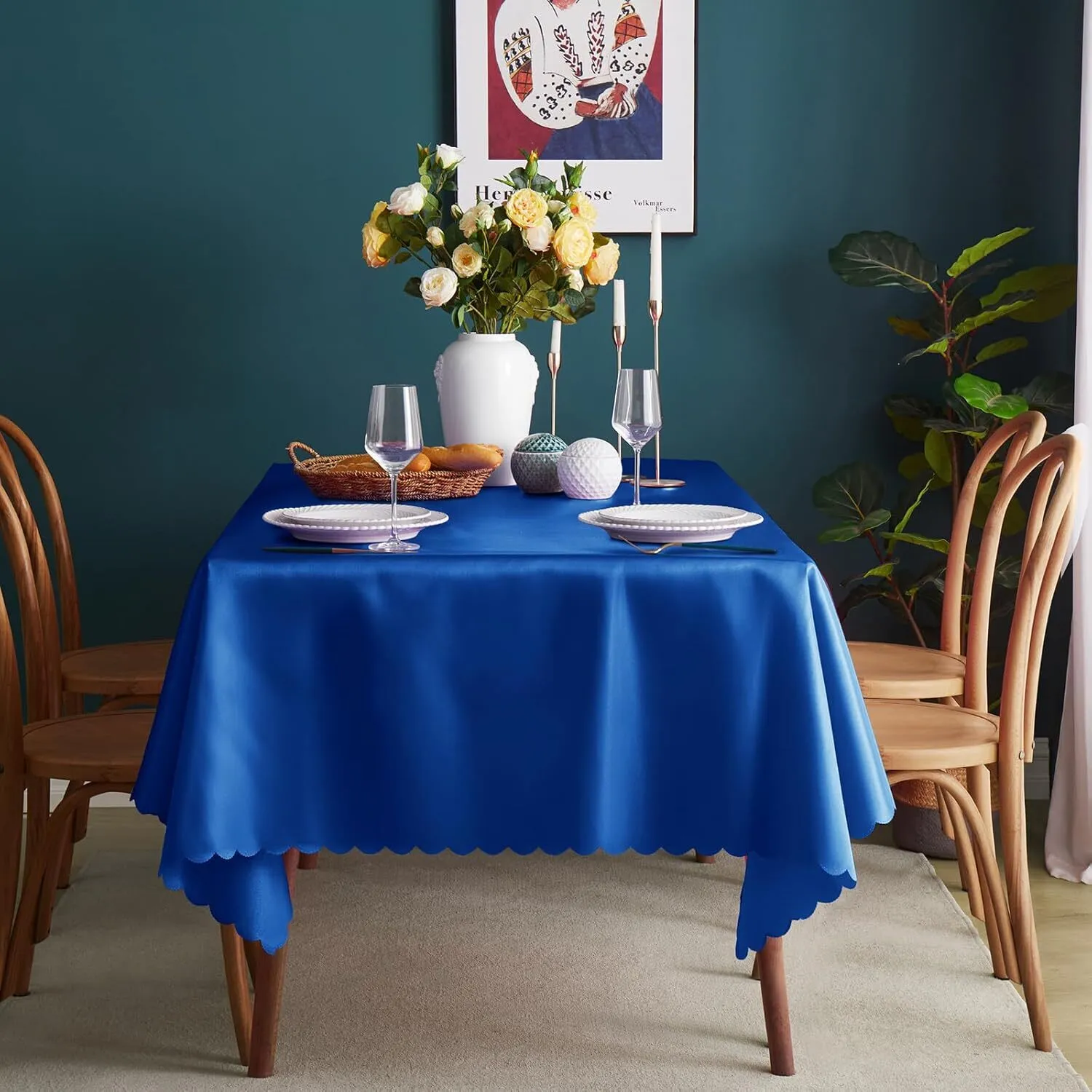 TINA Royal Blue Satin Tablecloth Tina Royal Blue Rectangle Cotton Table Cover for Wedding Party Banquet Decoration
