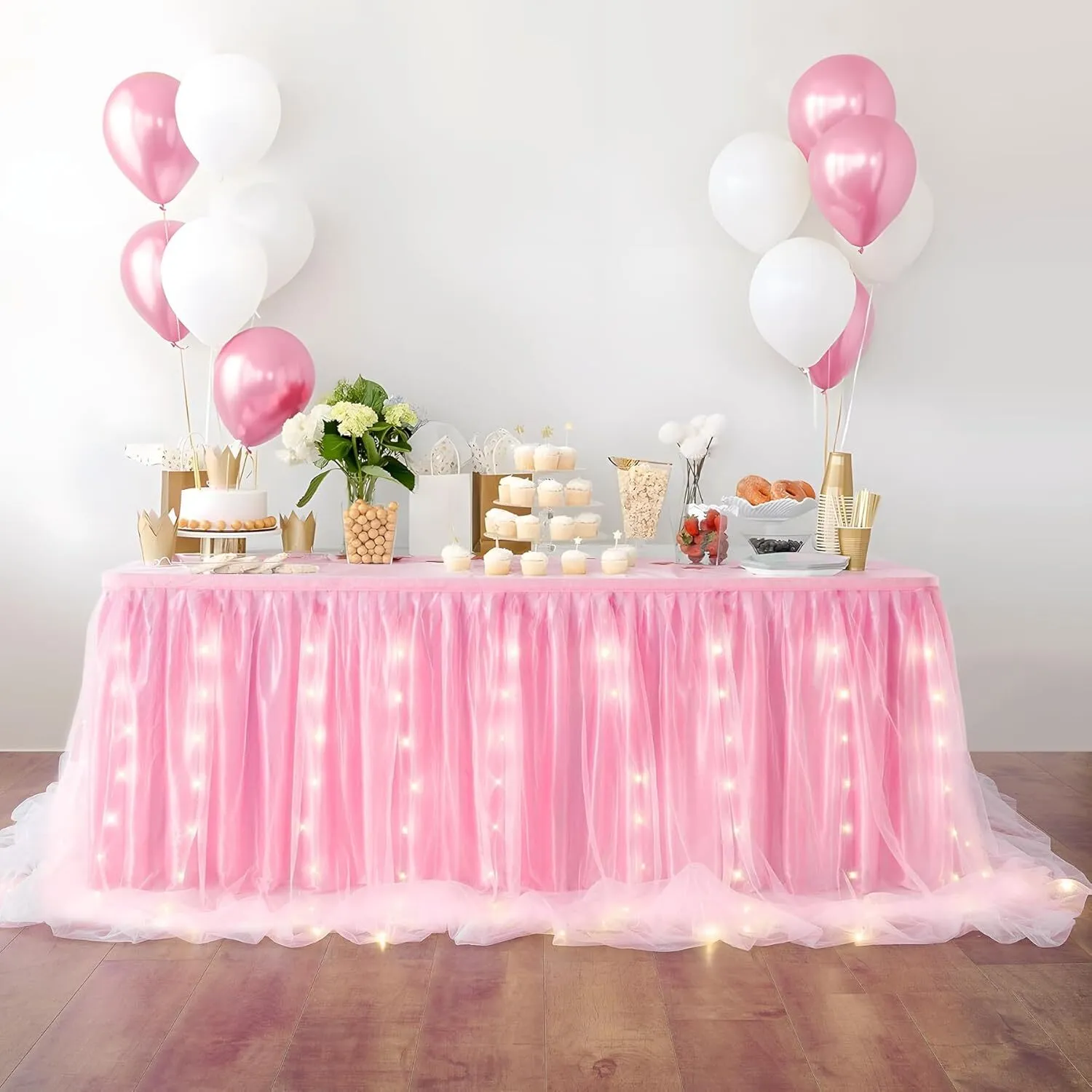 leegleri (L 6(ft) H 80cm , Pink) - Table Skirt Over Length Tulle Tableware With Light and Knitted Lining Table Decor For Party Decorations Baby Showers Wedding Birthday(L 6(ft)H 80cm ,Pink)