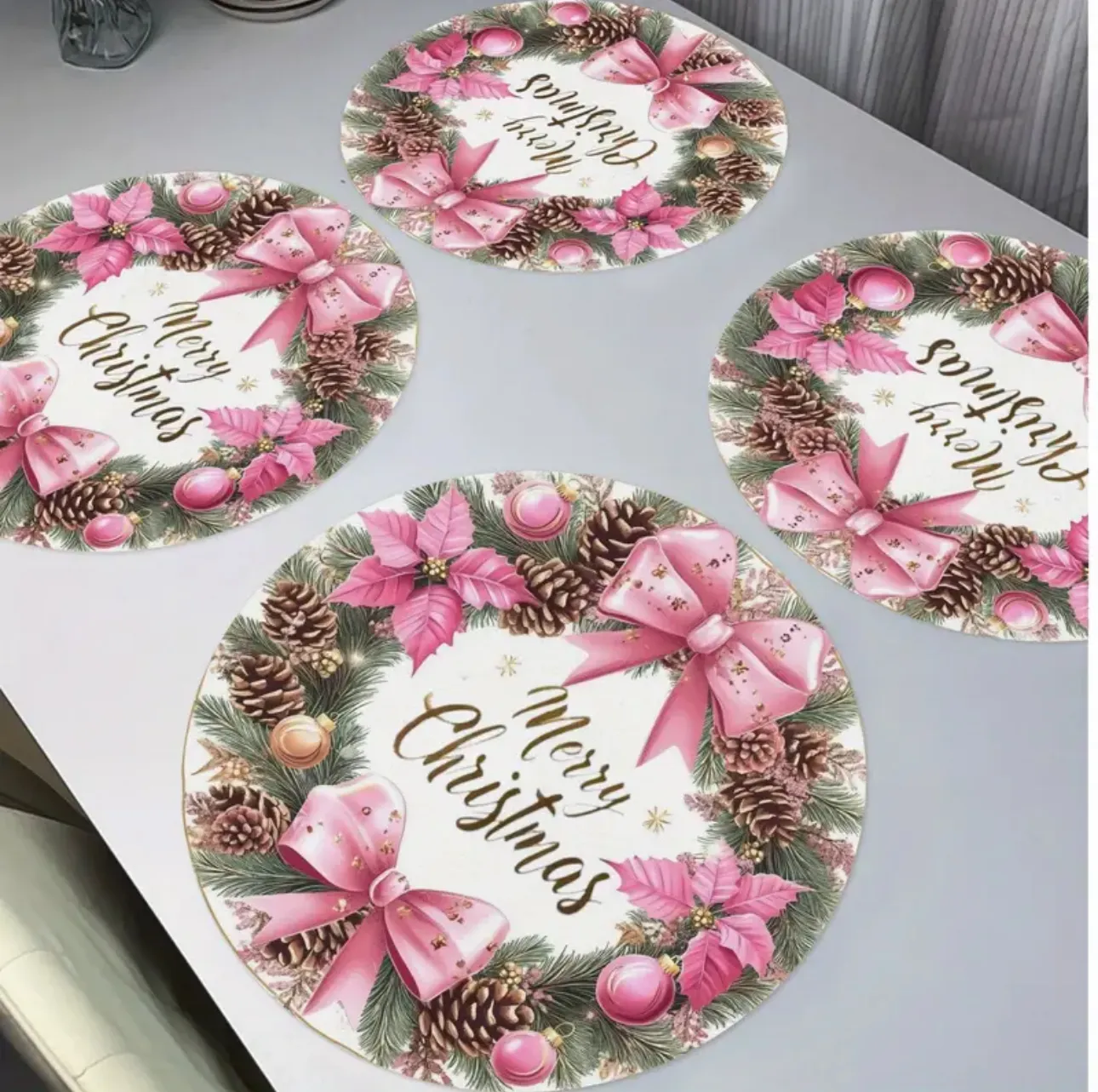 Holiday 4pcs Set Festive Christmas Placemats - Pink Bow, Poinsettia & Pinecone Design