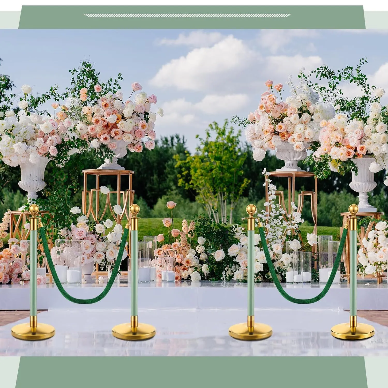 Landhoow Stainless Steel Stanchion Posts with Green Velvet Ropes Set, 5ft Carpet Ropes with Poles and Fillable Bases, for Carpet Party Decoration and Ribbon Cutting Ceremony Party Supply
