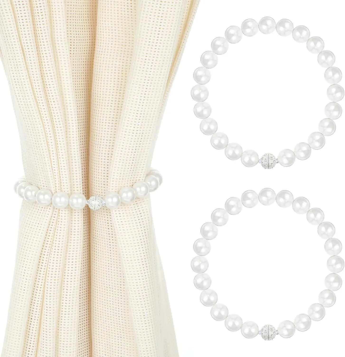 2 Pack Pearl Magnetic Curtain Tiebacks, White Bow Curtain Holders with Strong Magnet, No Drill Elastic Cord Drapes for Home, Office, Nursery