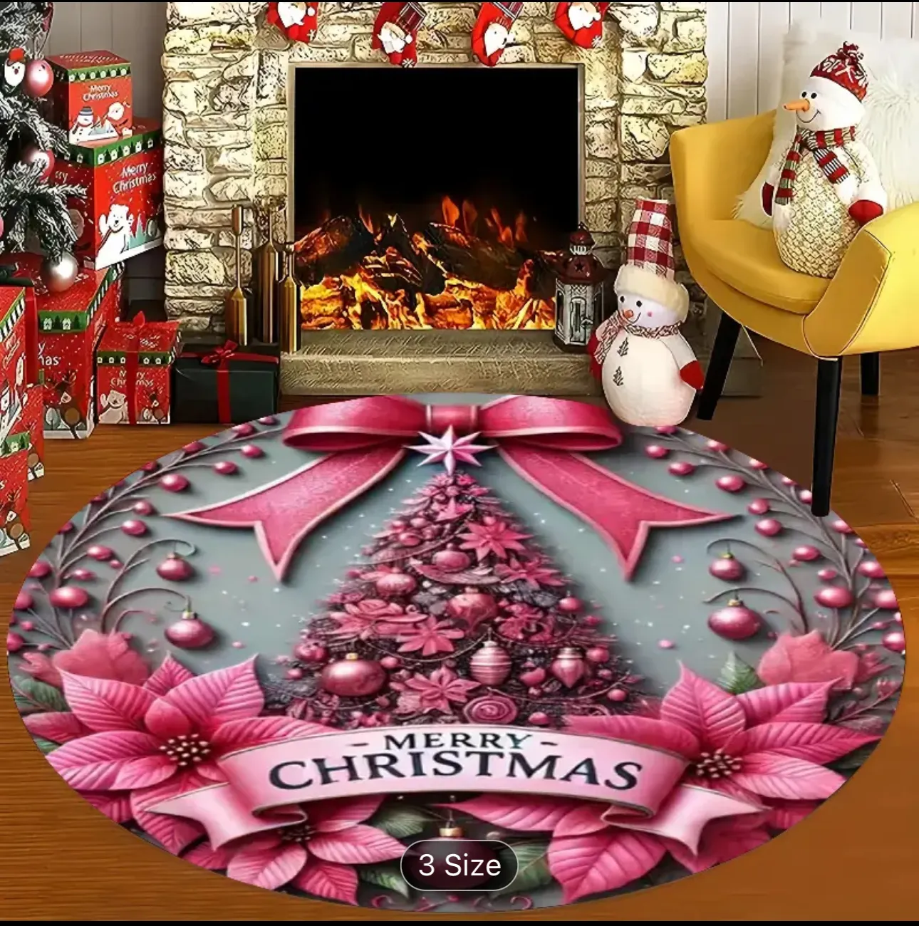 Holiday Merry Christmas Pink Tree Round Area Rug