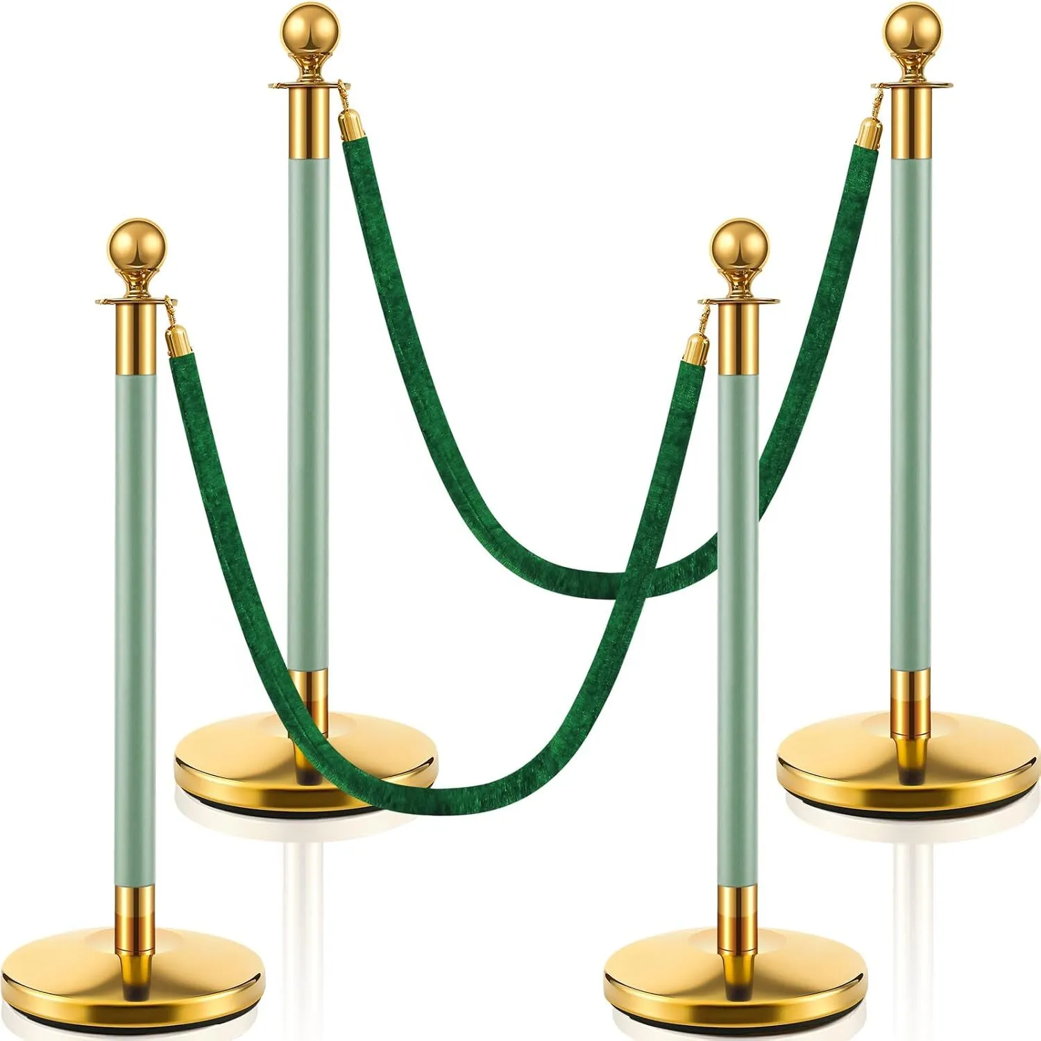 Landhoow Stainless Steel Stanchion Posts with Green Velvet Ropes Set, 5ft Carpet Ropes with Poles and Fillable Bases, for Carpet Party Decoration and Ribbon Cutting Ceremony Party Supply