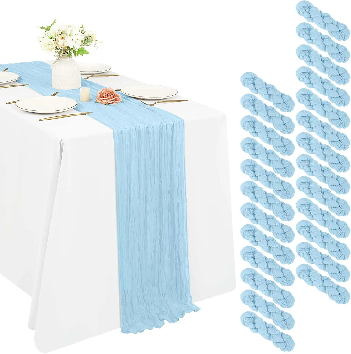 Blue Summer Cheesecloth Table Runner Light Blue Boho Rustic Gauze 120 inch 10FT Cheese Cloth Sheer Runner for Wedding Party Baby Shower Birthday Home Decor Holiday Decorations