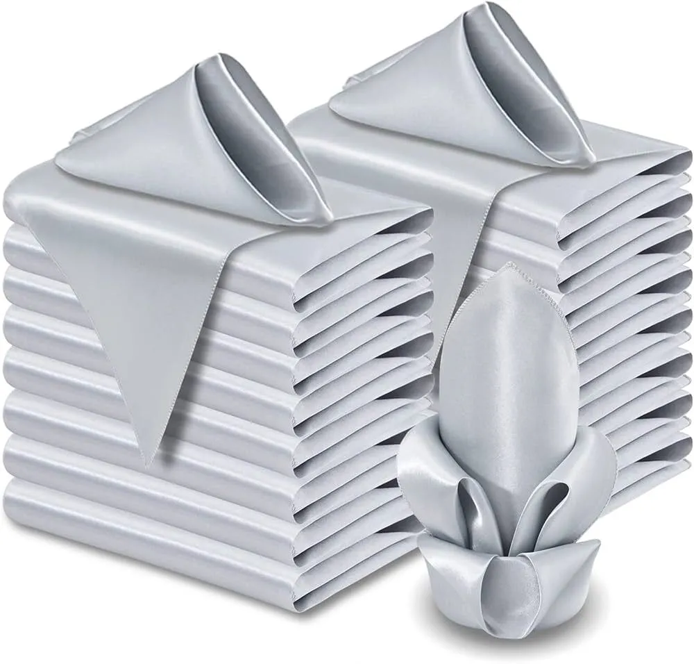 Silver Satin Napkins 17 x 17 Silky Napkins, Party Cloth Napkins Square Satin Napkins, Dining Table Napkins Soft Cloth Napkins for Wedding, Banquet, Party Decoration