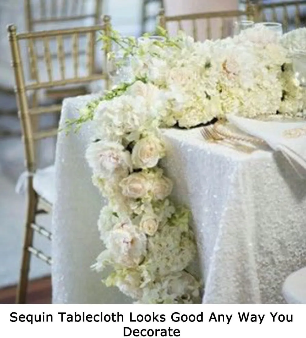 ShinyBeauty White Sequin Tablecloth Rectangle 90x132 White Glitter Table Cloth Wedding Table Cover Shimmer Table Linen for Dining Sparkle Table Cover for Party Decoration