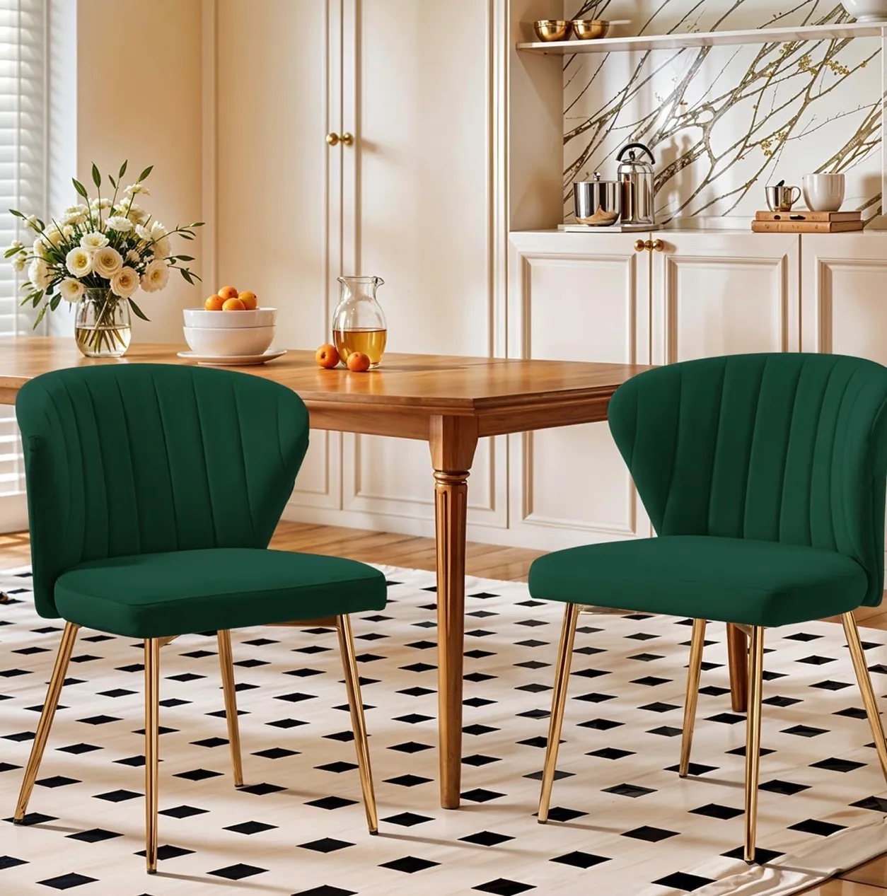 Velvet Dining Chair, Modern Upholstered Vanity Chairs with Golden Metal Legs for Dining Room Kitchen Vanity Patio (Green)