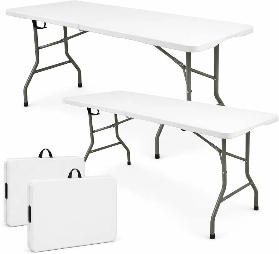 Folding Table 6 FT Lightweight Camping Table White Portable Plastic Rectangular Outdoor Dining Table Steel Legs Fold-in-Half with Carrying Handle for Indoor, Picnic, Party, Wedding Events