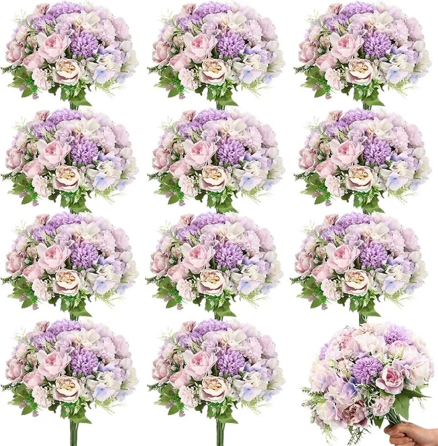 Tigeen 12 Bundles Peonies Artificial Flowers Faux Roses Silk Flowers Hydrangea Artificial Bouquet for Wedding Table Centerpiece Floral Vase Home Office Bridal Decor (Purple)