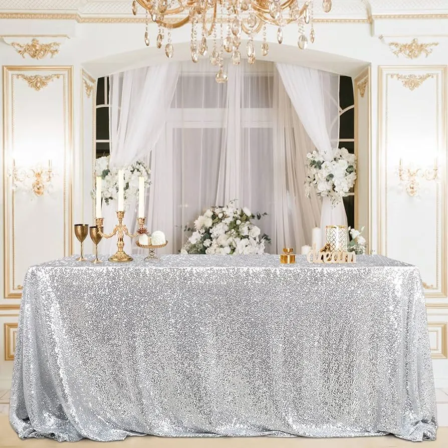 B-COOL Glitter Tablecloth Silver Sequin Tablecloth Christmas 90x132 Inch Rectangle Sequin Overlay Sparkly Table Cloth Sequin Fabric for Wedding Table Decoration