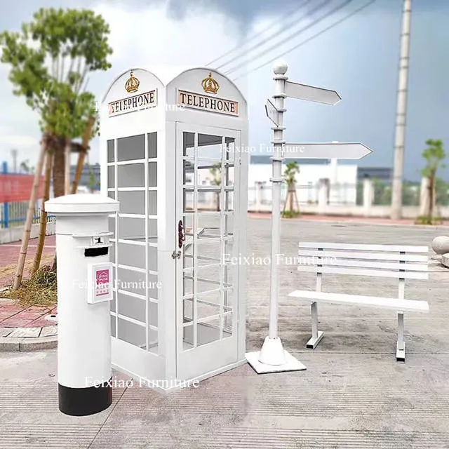 White Phone Booth with Phone; London, Wedding Telephone Booth - includes bench, road sign, mailbox, and prop phone