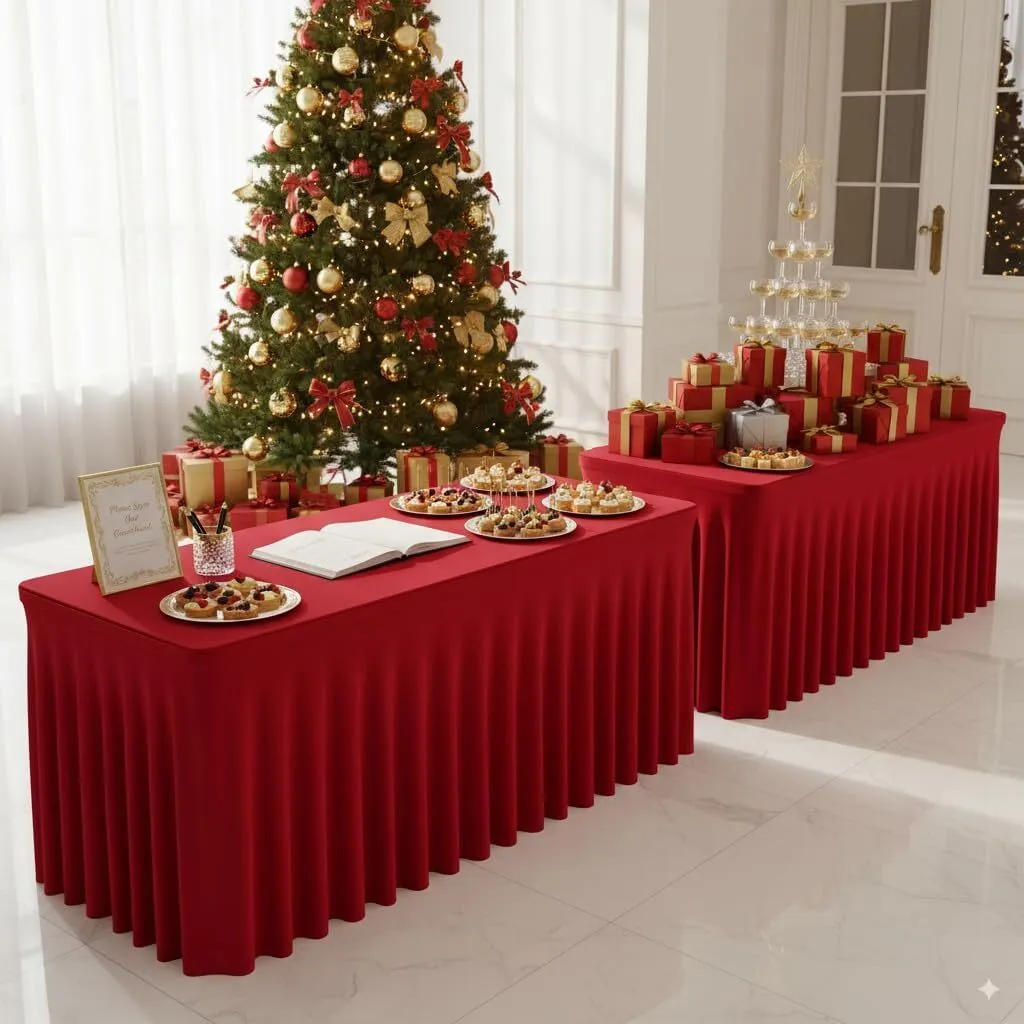 Red Table Skirt for 4 Feet Rectangular Pleated Table Skirting Cloth Polyester for Banquet, Wedding, Trade Show