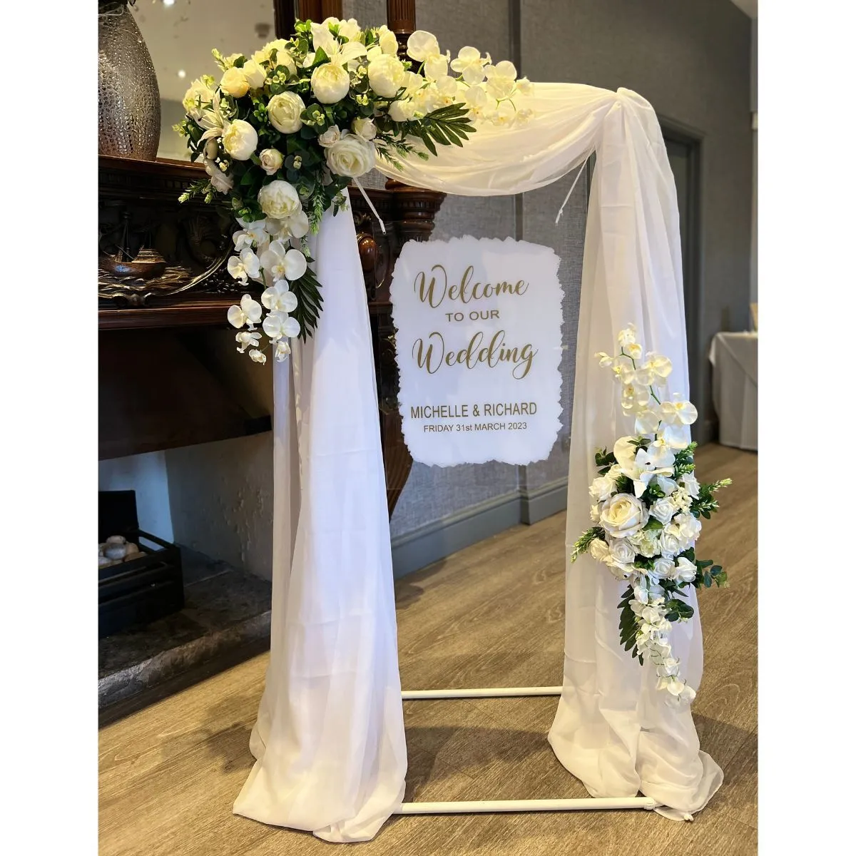 Classic White Draped & Personalised Welcome Sign For Hire