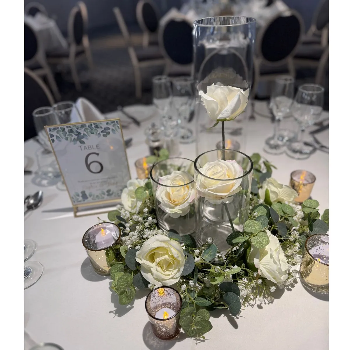 White Rose, Gold & Sage Centrepiece With Table Numbers For Hire