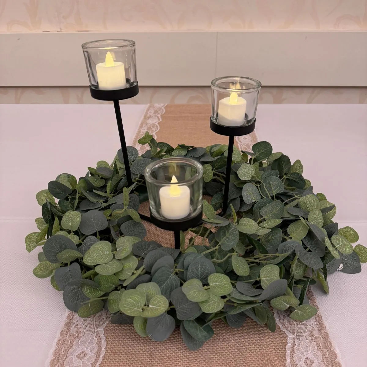 Black Metal 3 Tealight Holder with a Frosty Eucalyptus Wreath