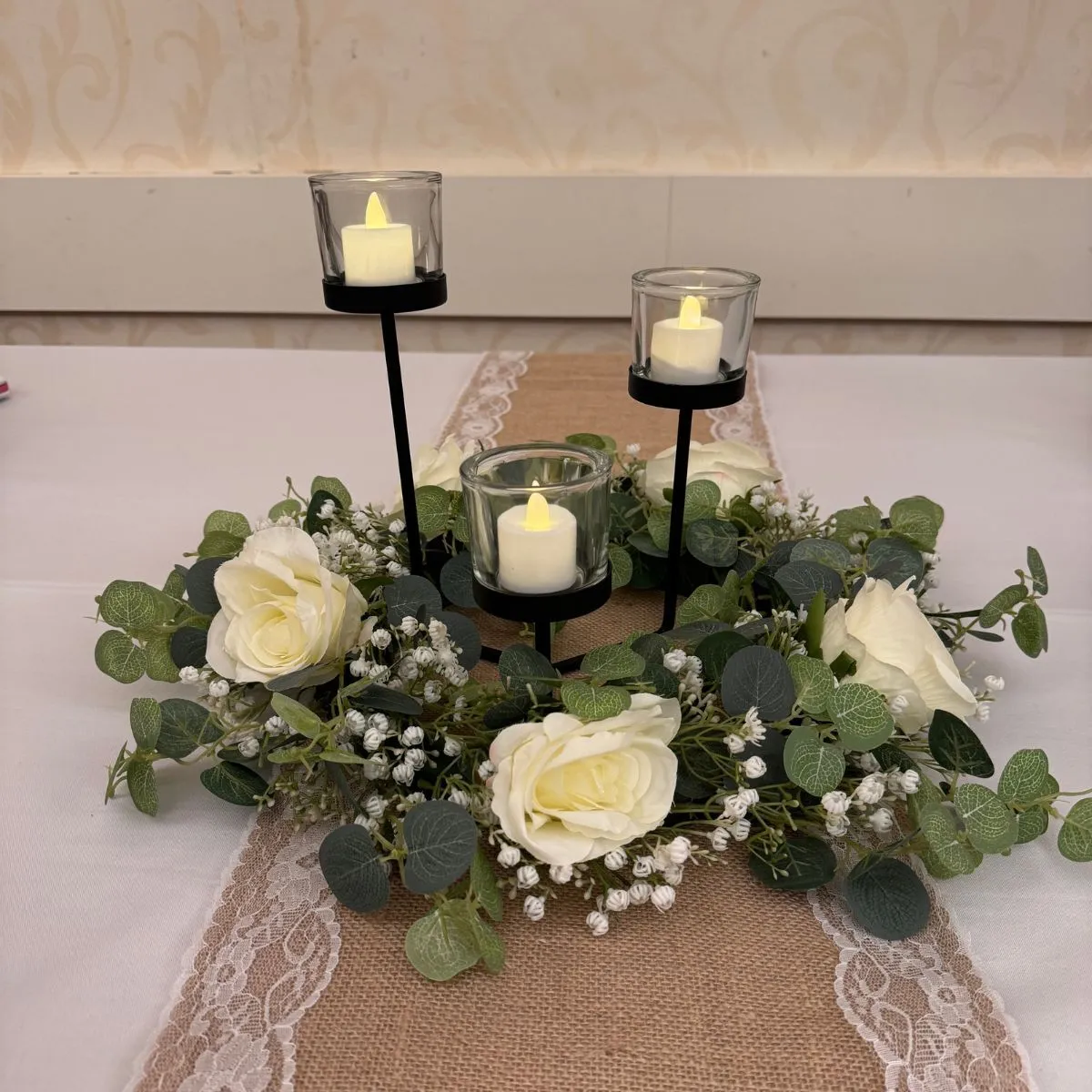 Eucalyptus White Rose Wreath & Set Of 3 Black Candle Holder For Hire