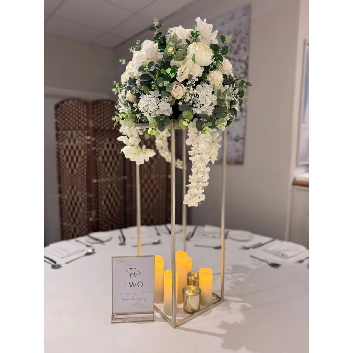 White, Gold & Sage Flower Stand Centrepiece & Table Number For Hire