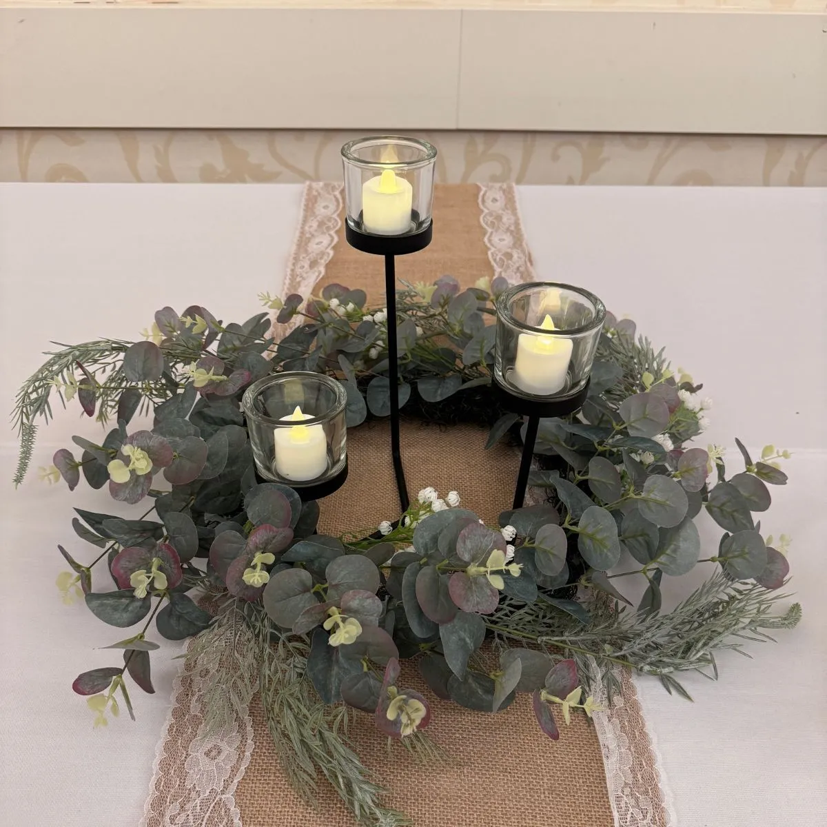 Black Metal 3 Tealight Holder with a Eucalyptus Wreath