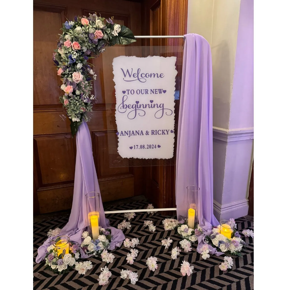 Lavender Candlelit Personalised Welcome Sign For Hire