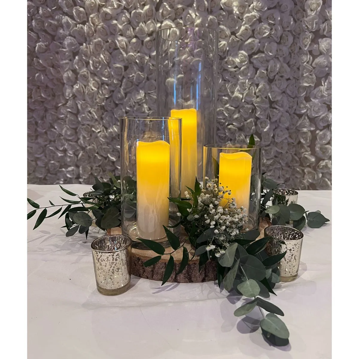 Rustic Sage & Gold Candle Centrepiece For Hire