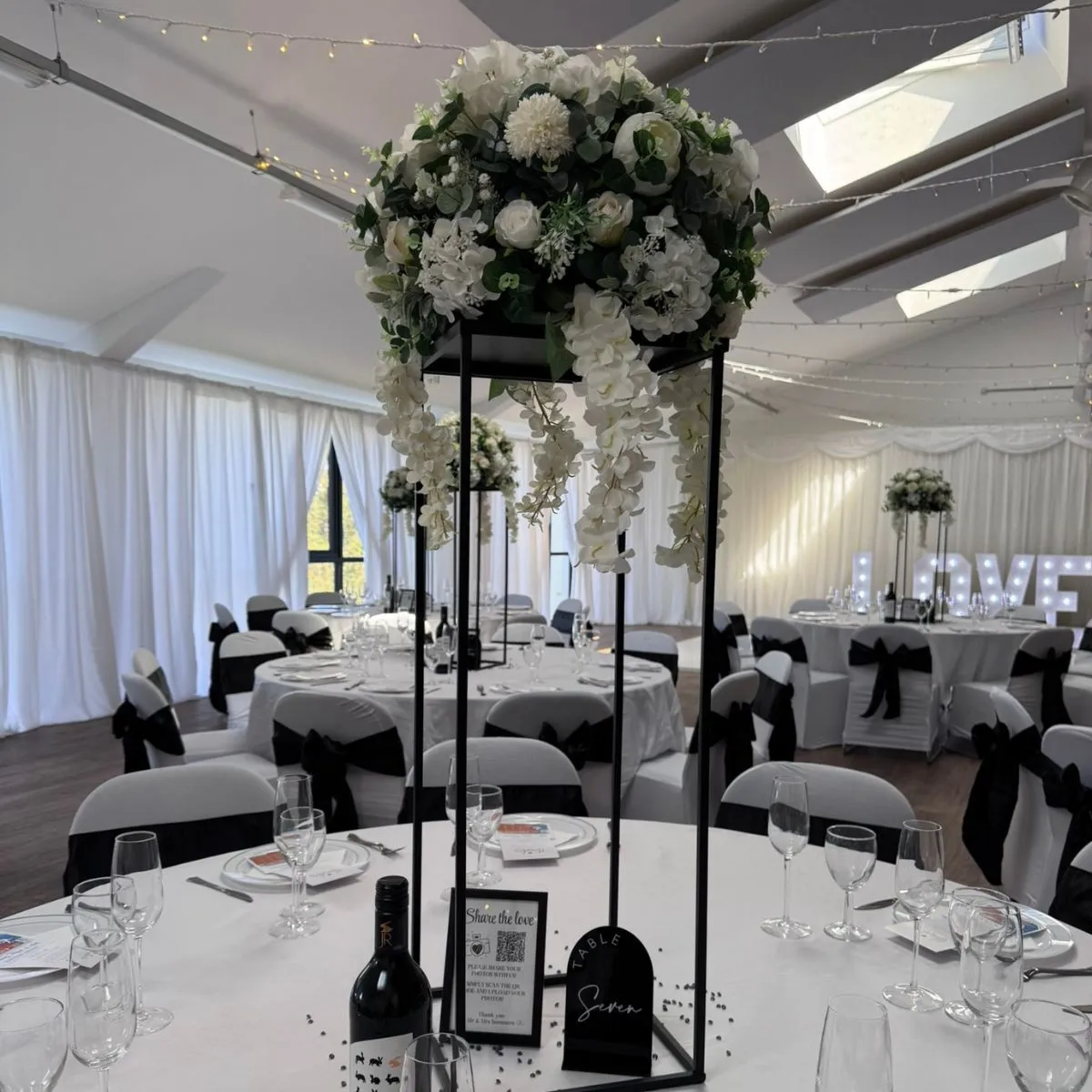 Black Stand & White Silk Flower Table Centrepiece For Hire