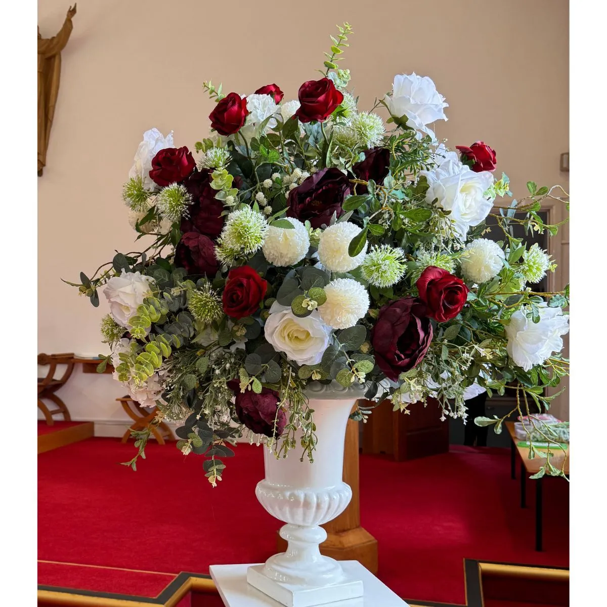 Deep Red & White Urn Flower Arrangement For Hire