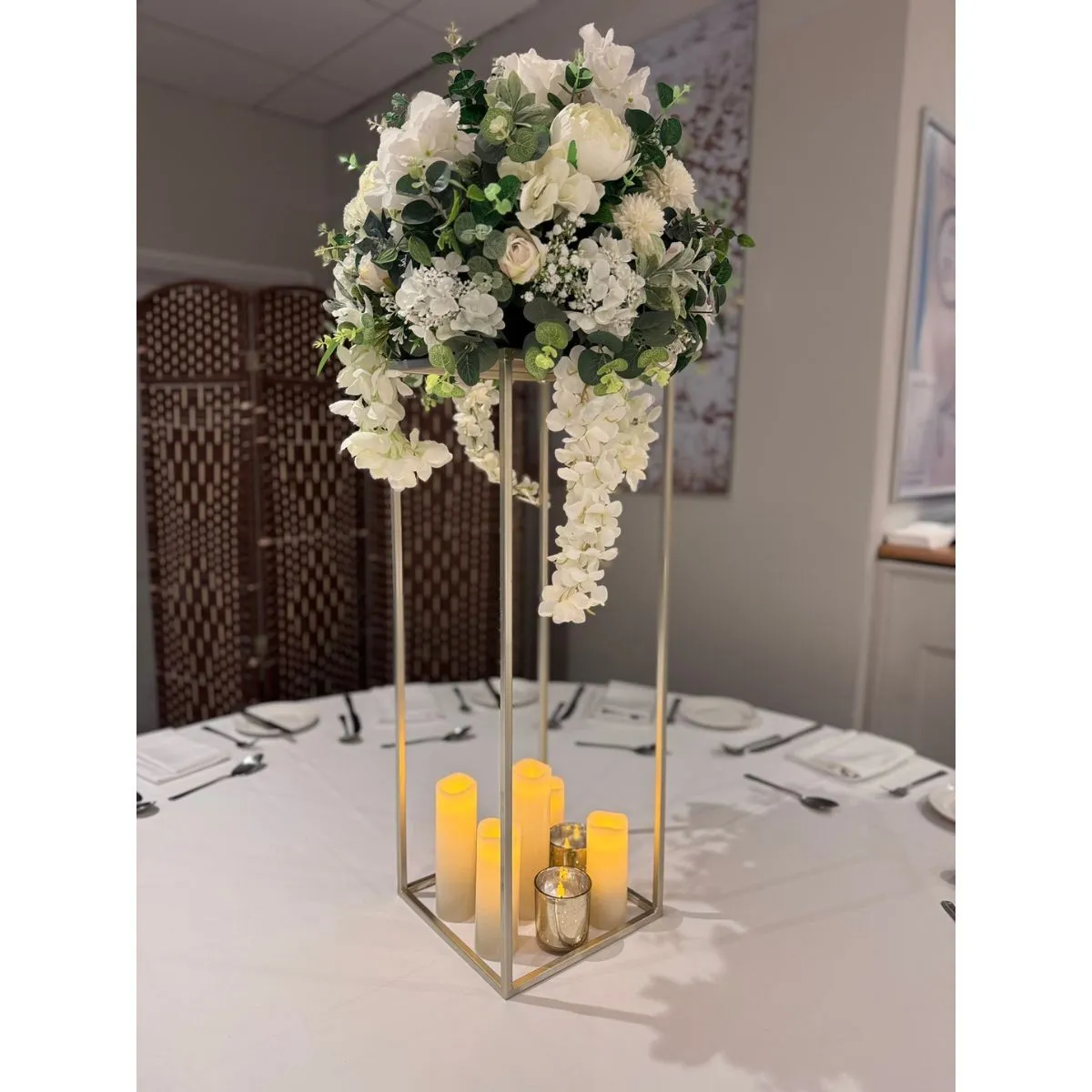 White, Gold & Sage Flower & Candle Centrepiece For Hire