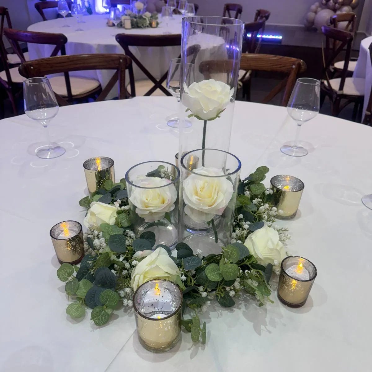 Silk White Rose & Candle Centrepiece For Hire