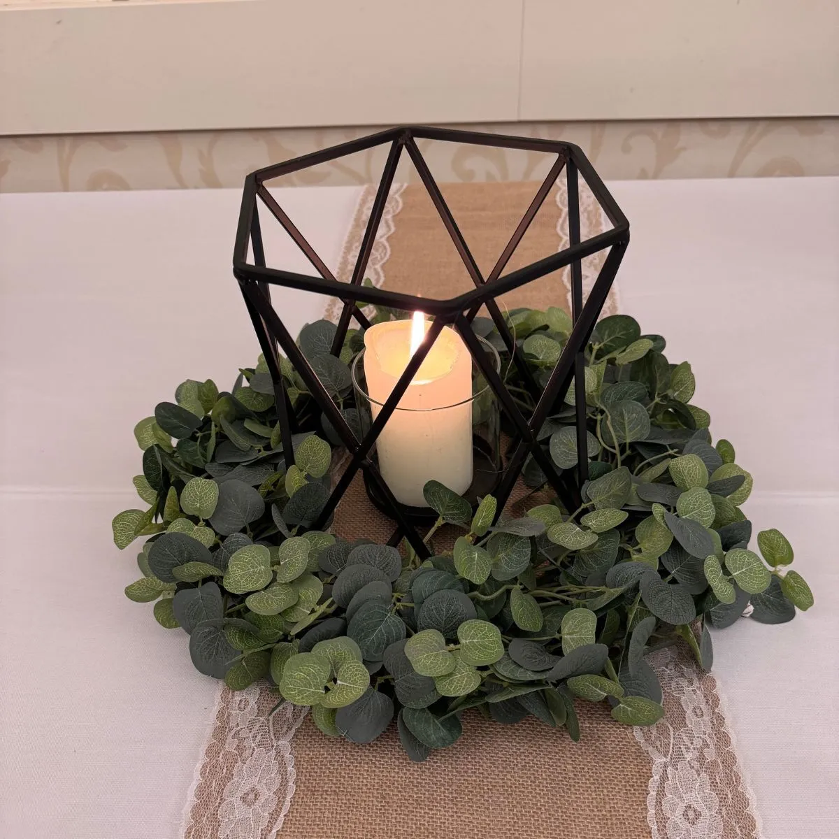 Black Metal Geometric Candle Holder & Eucalyptus Wreath For Hire