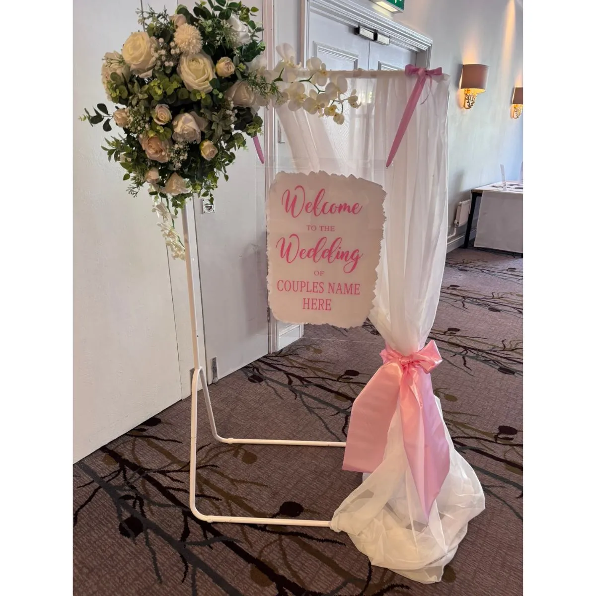 Pink & White Draped Personalised Welcome Sign For Hire
