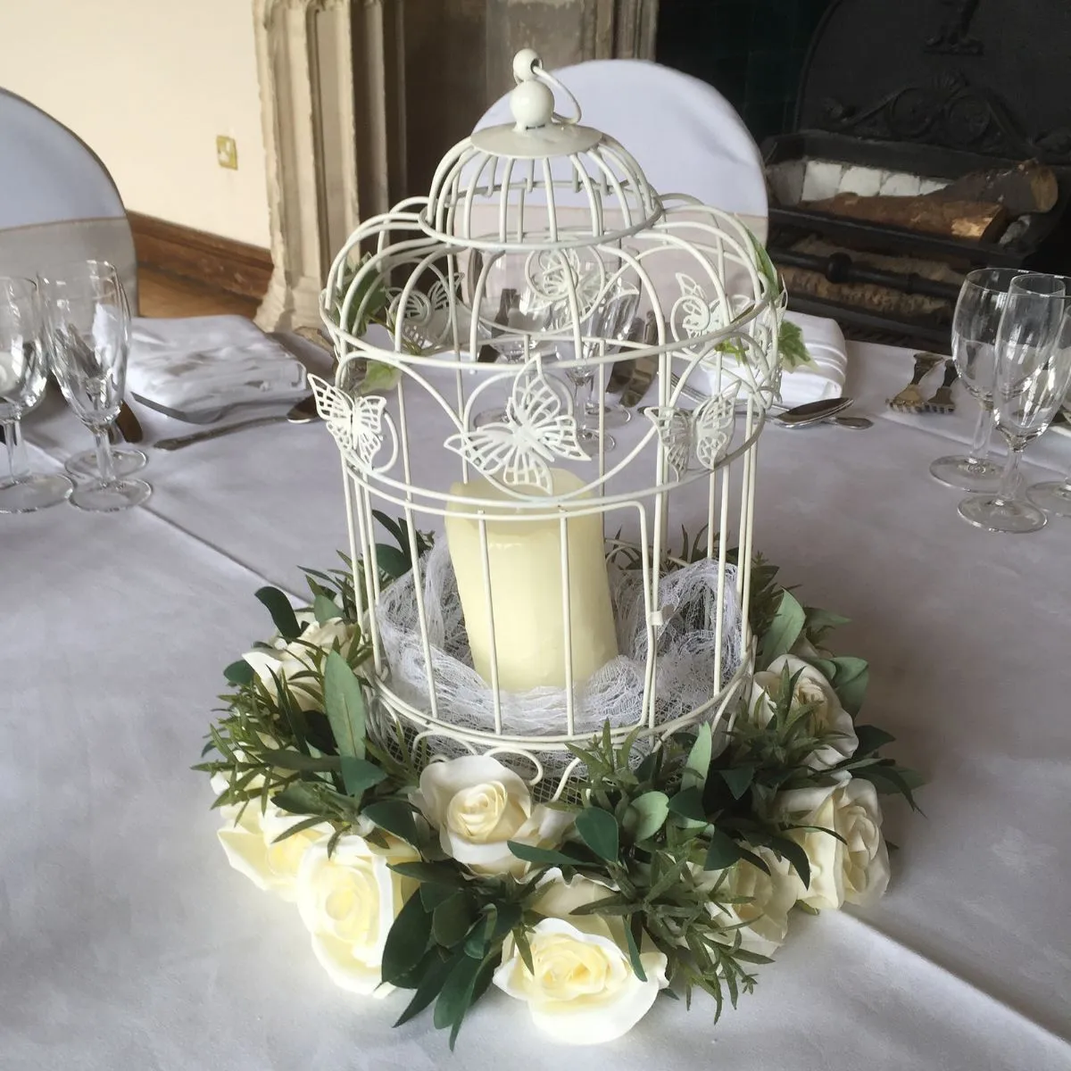 Cream Birdcage, Candle & Wreath Centrepiece