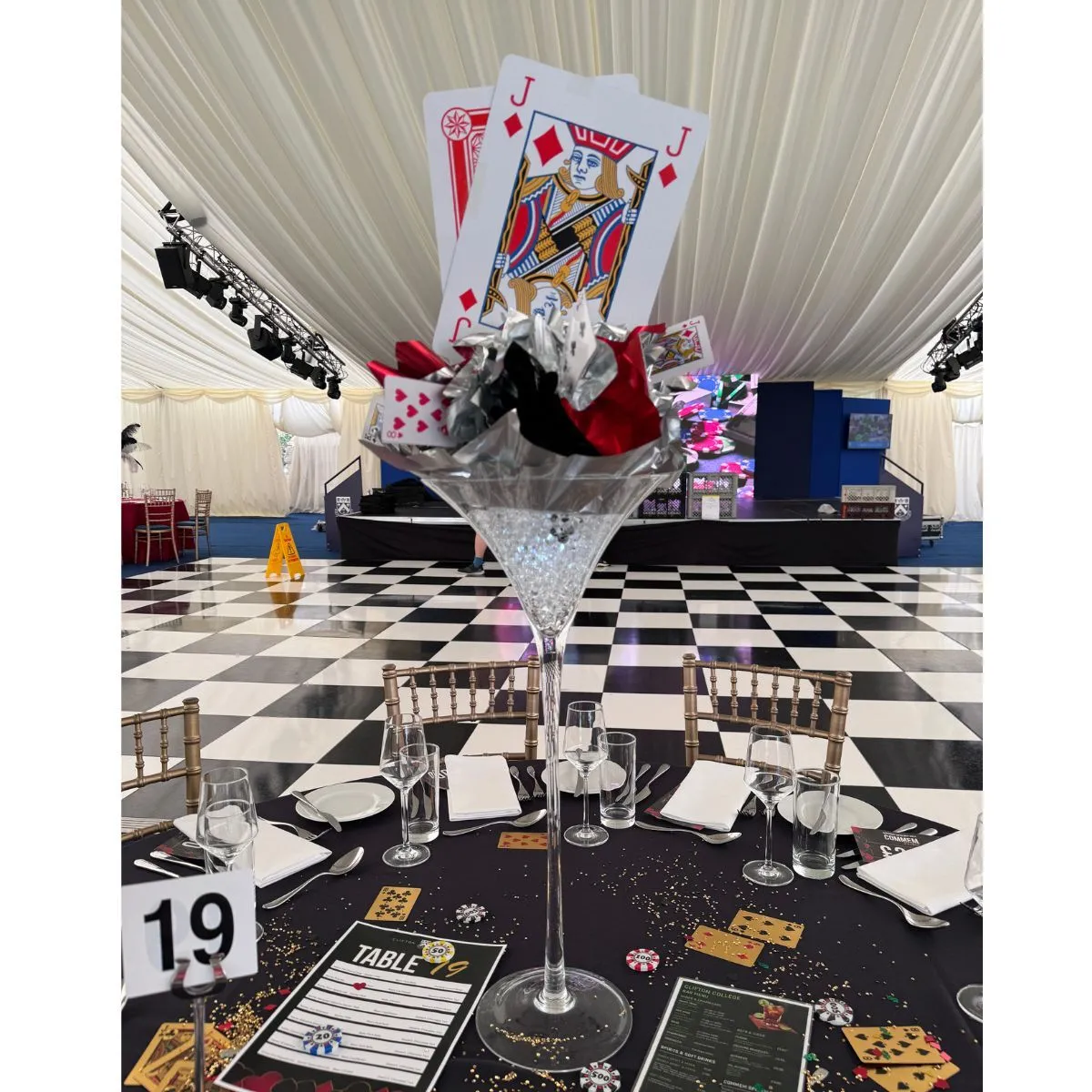 Casino Royale Martini Glass Centrepiece Playing Cards Table Decor - For Hire